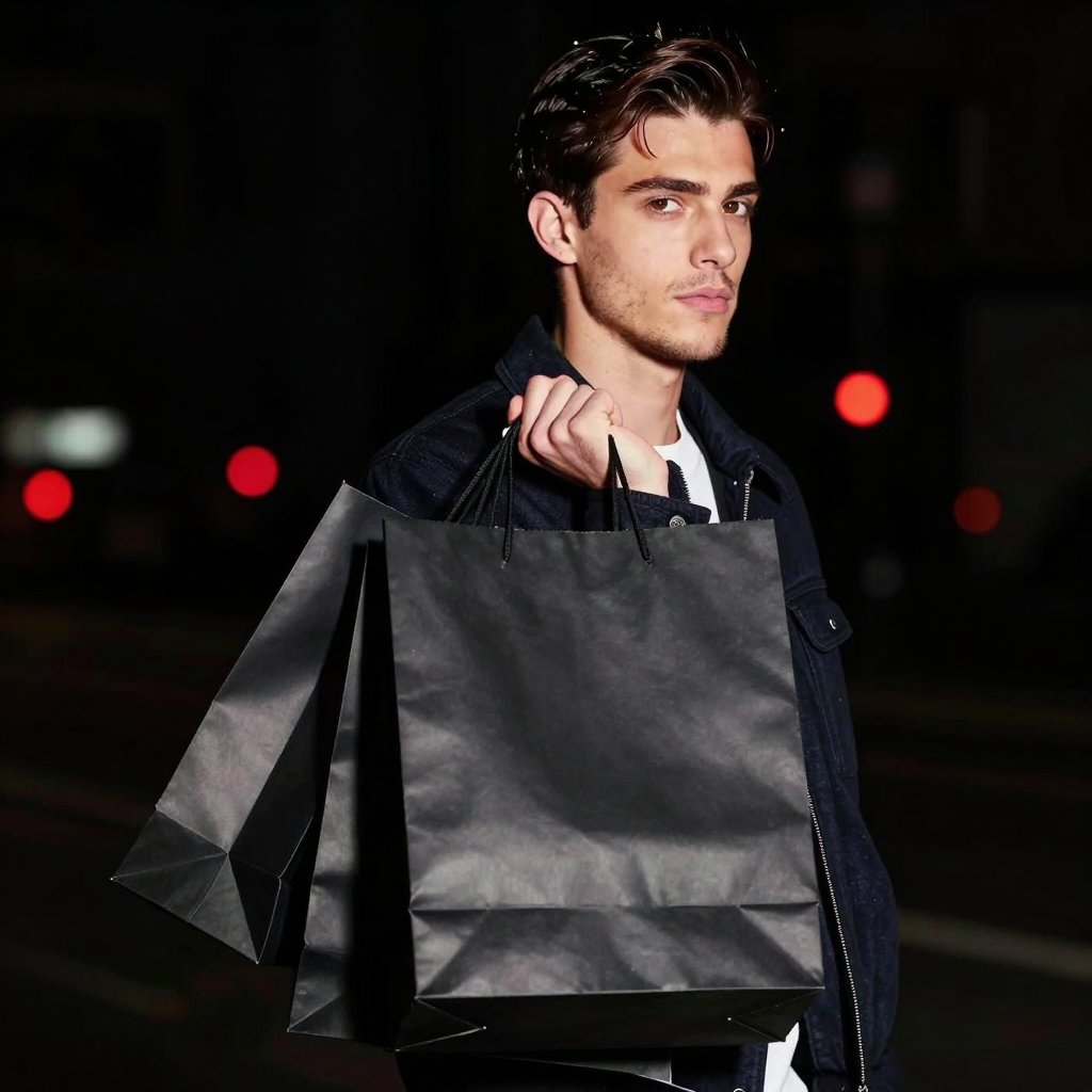 A stylish young man holding black shopping bags at night
