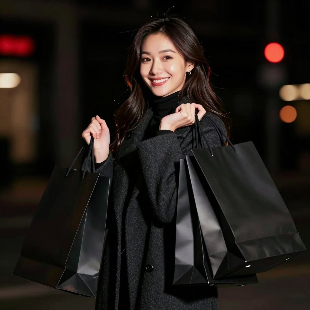 A stylish young woman smiling with black shopping bags at night