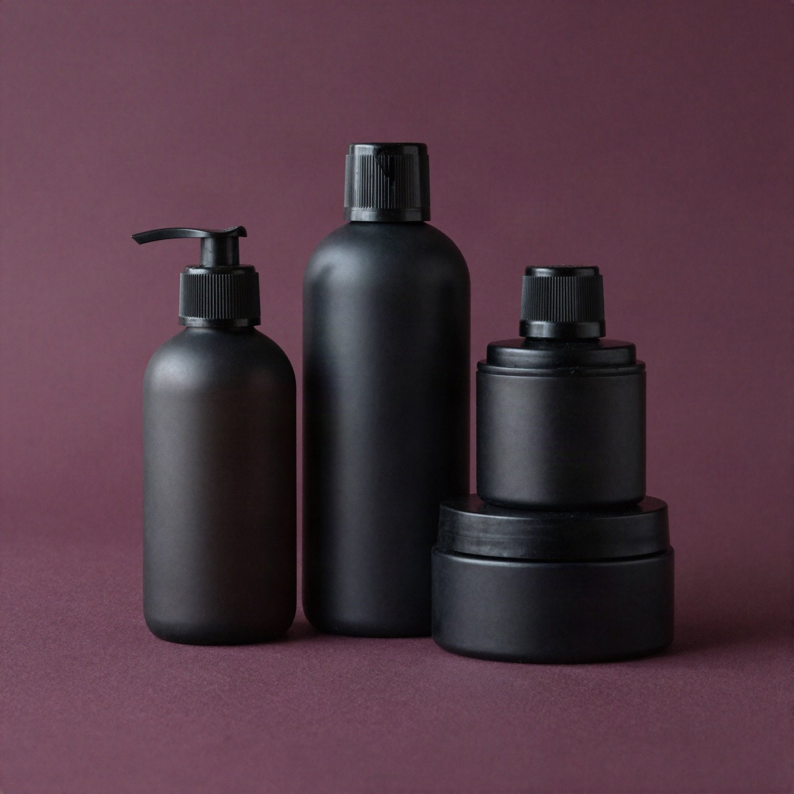 A men's skincare set of three matte charcoal bottles and a jar arranged together