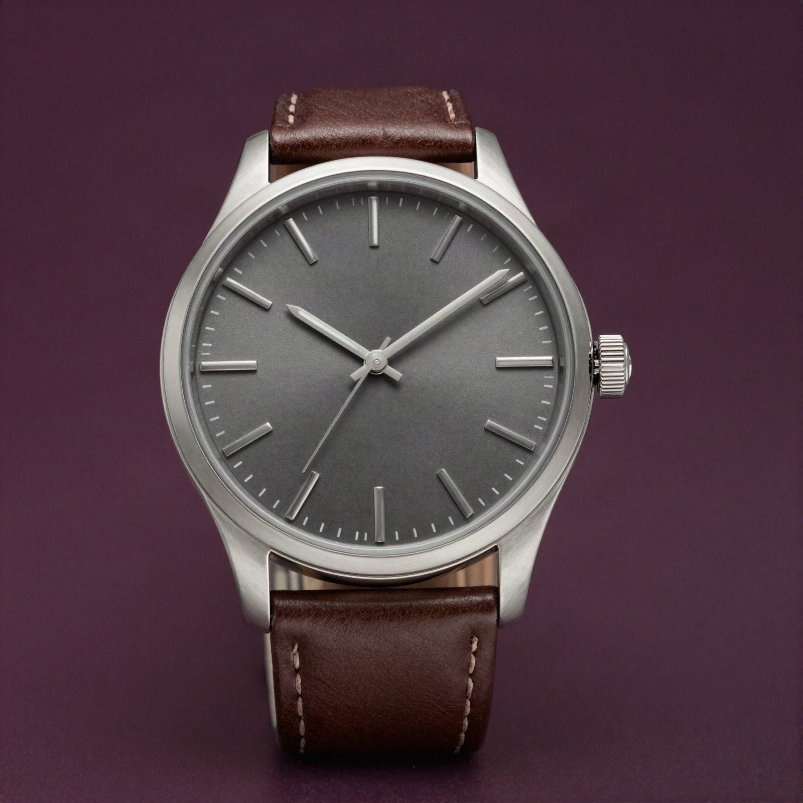 A minimalist men's wristwatch with a polished steel case, a dark grey dial and a brown leather strap