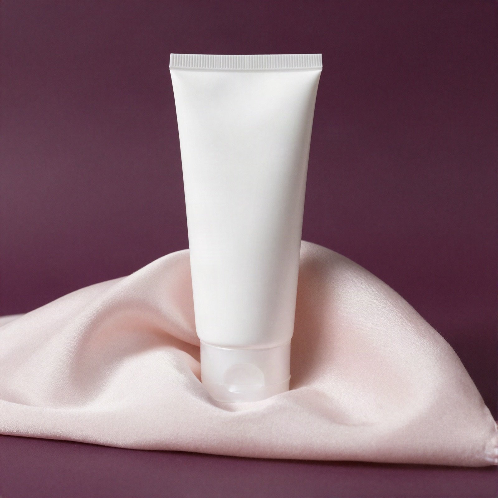 A soft white hand lotion tube beside a draped piece of pale pink silk