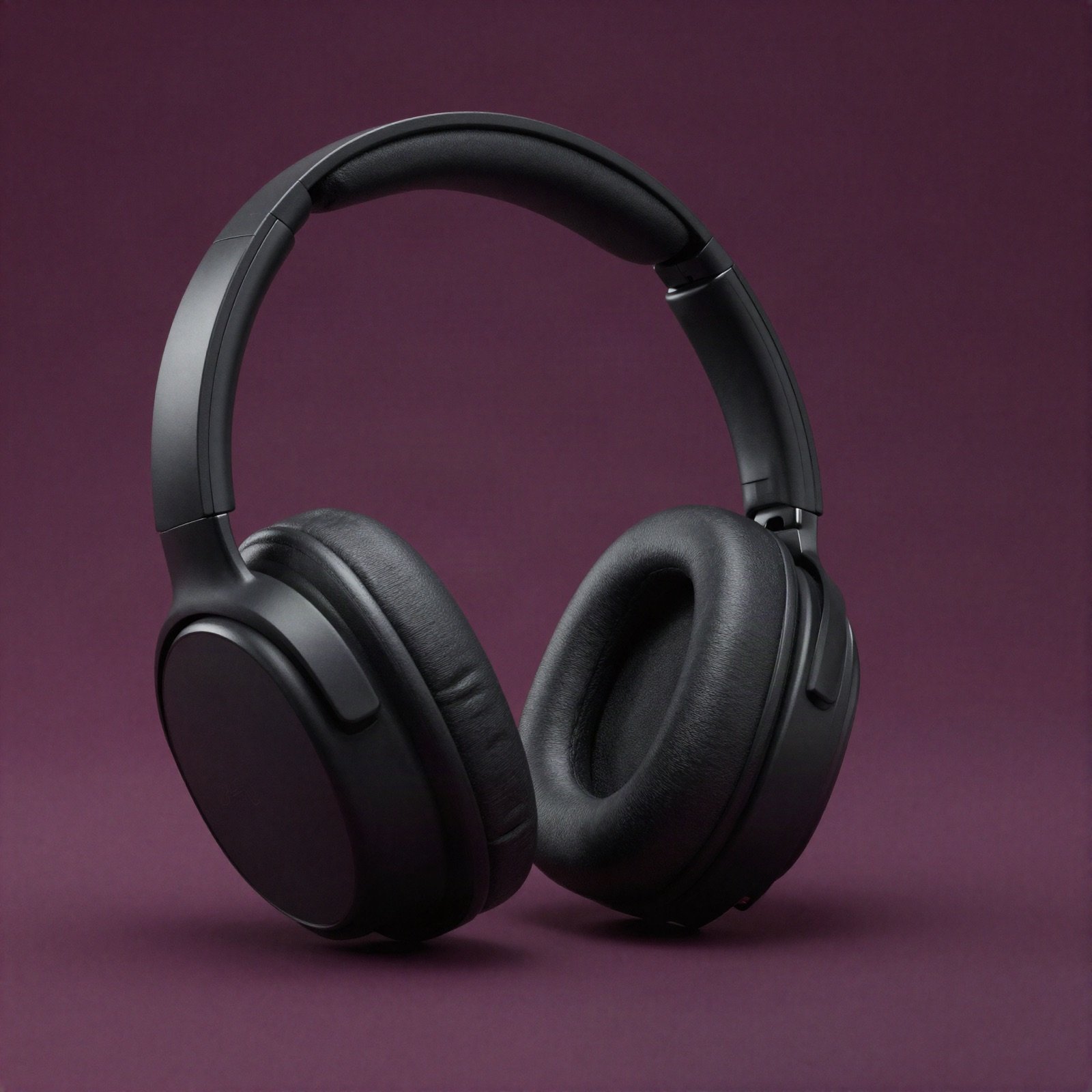 Matte black over-ear wireless headphones on a plum background
