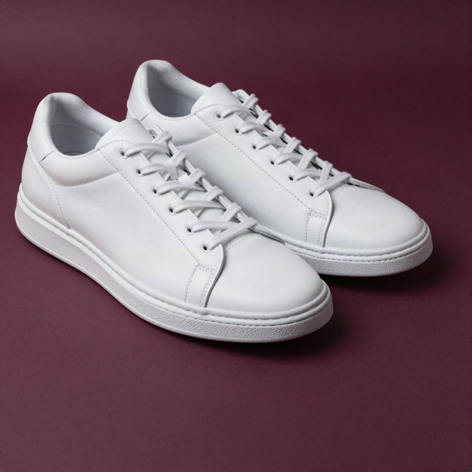 White leather sneakers on a plum background