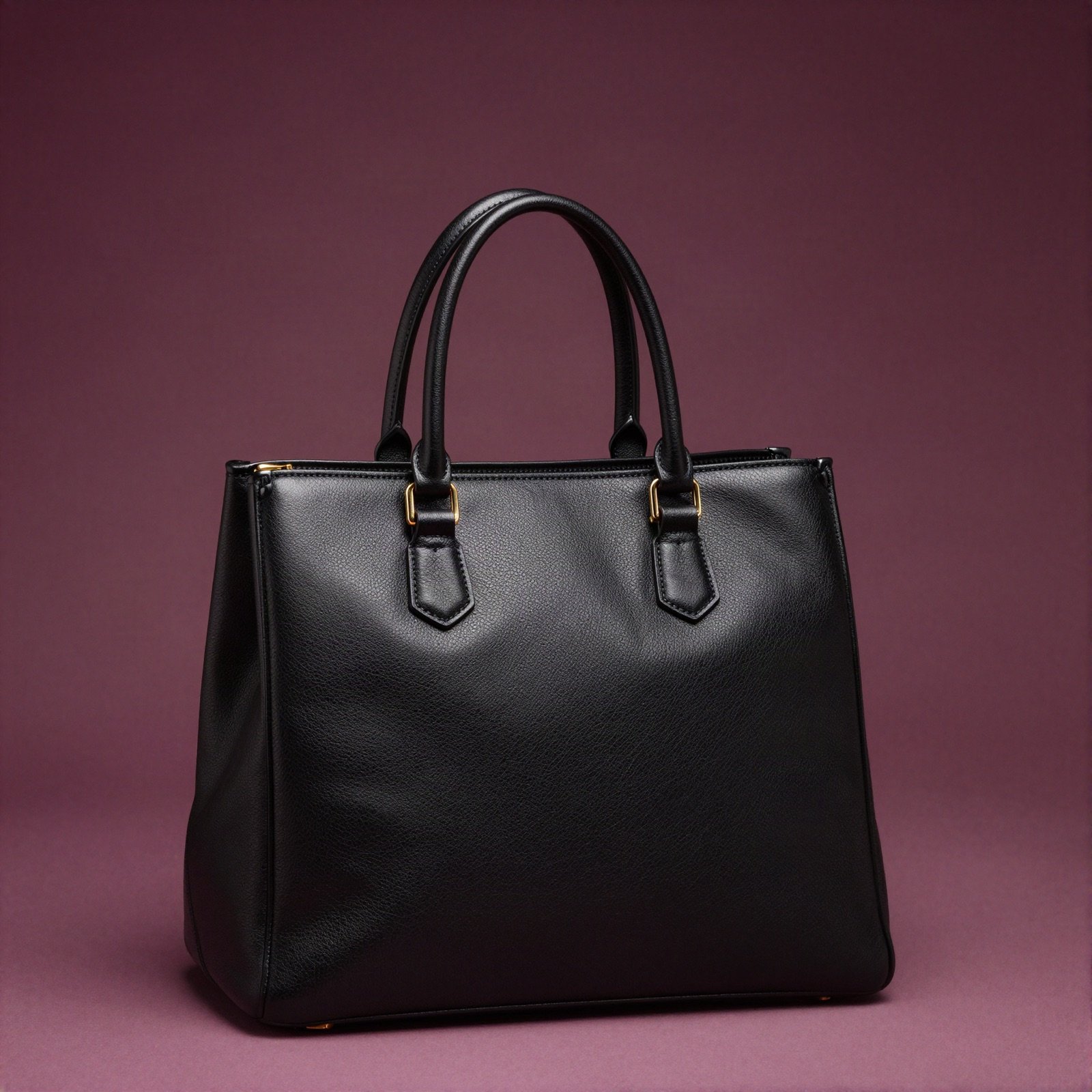 Black leather handbag with a gold clasp on a plum background