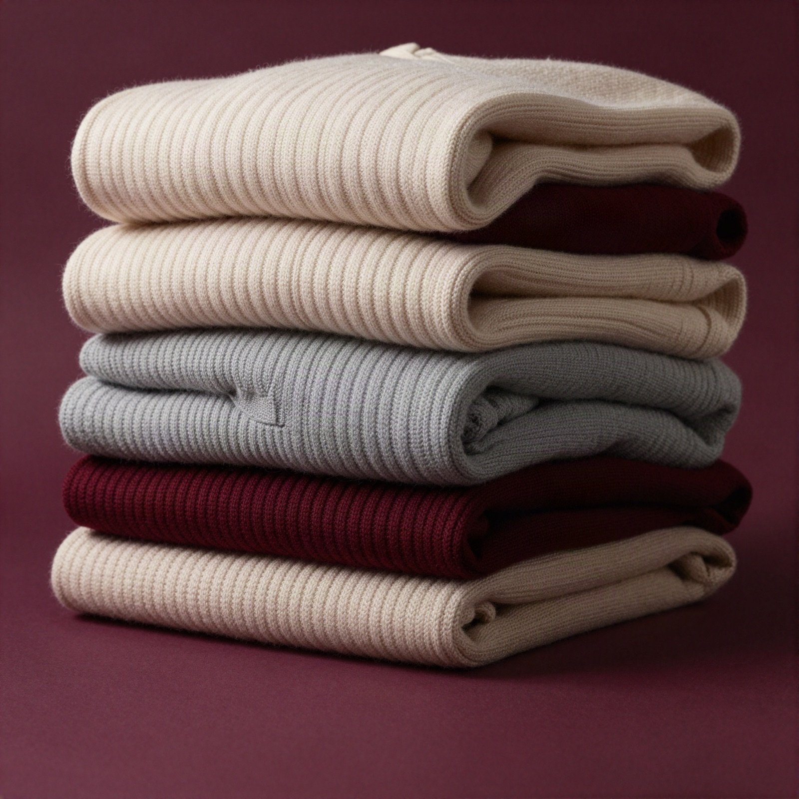 Stack of folded knit sweaters in cream, grey and burgundy