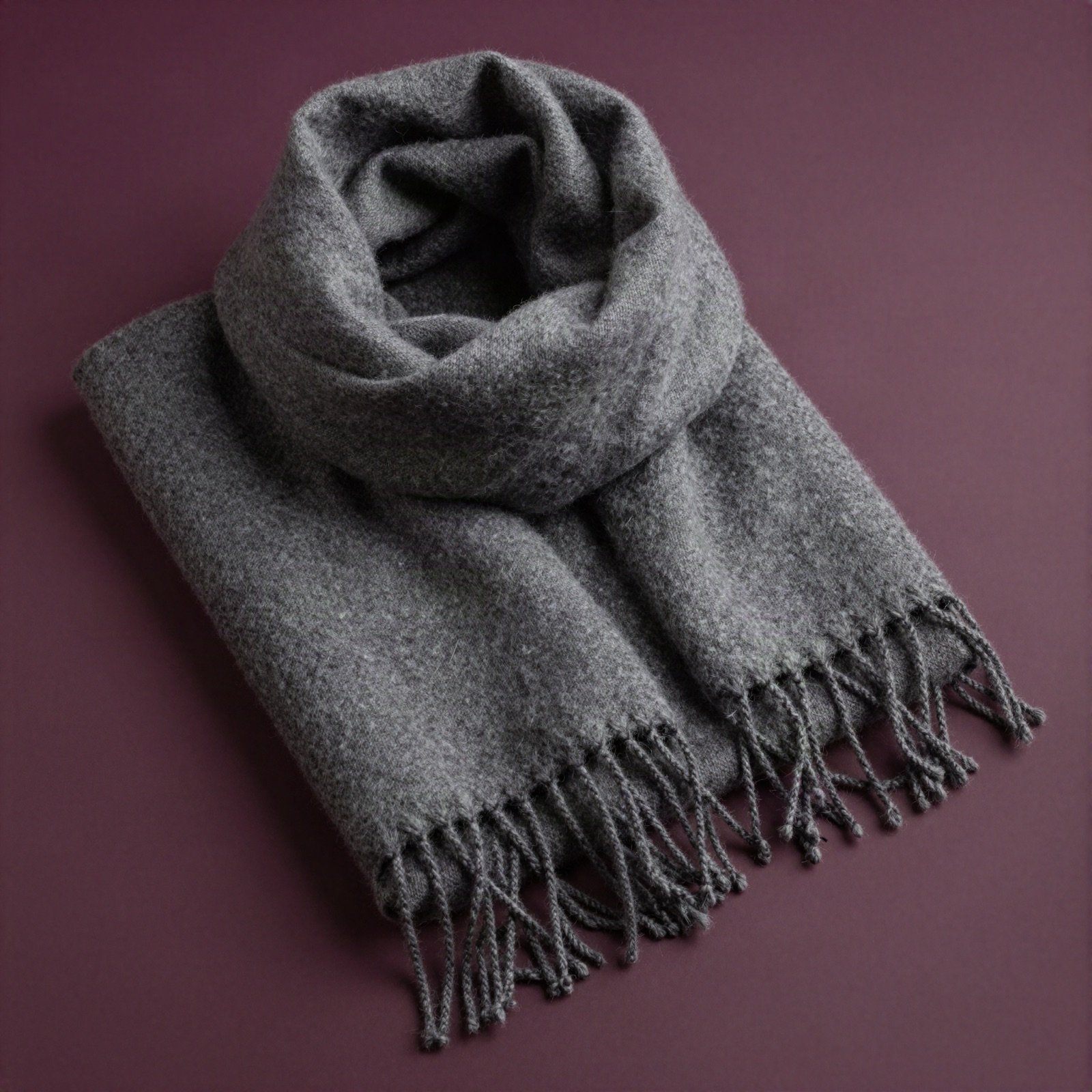 Charcoal grey cashmere scarf on a plum background