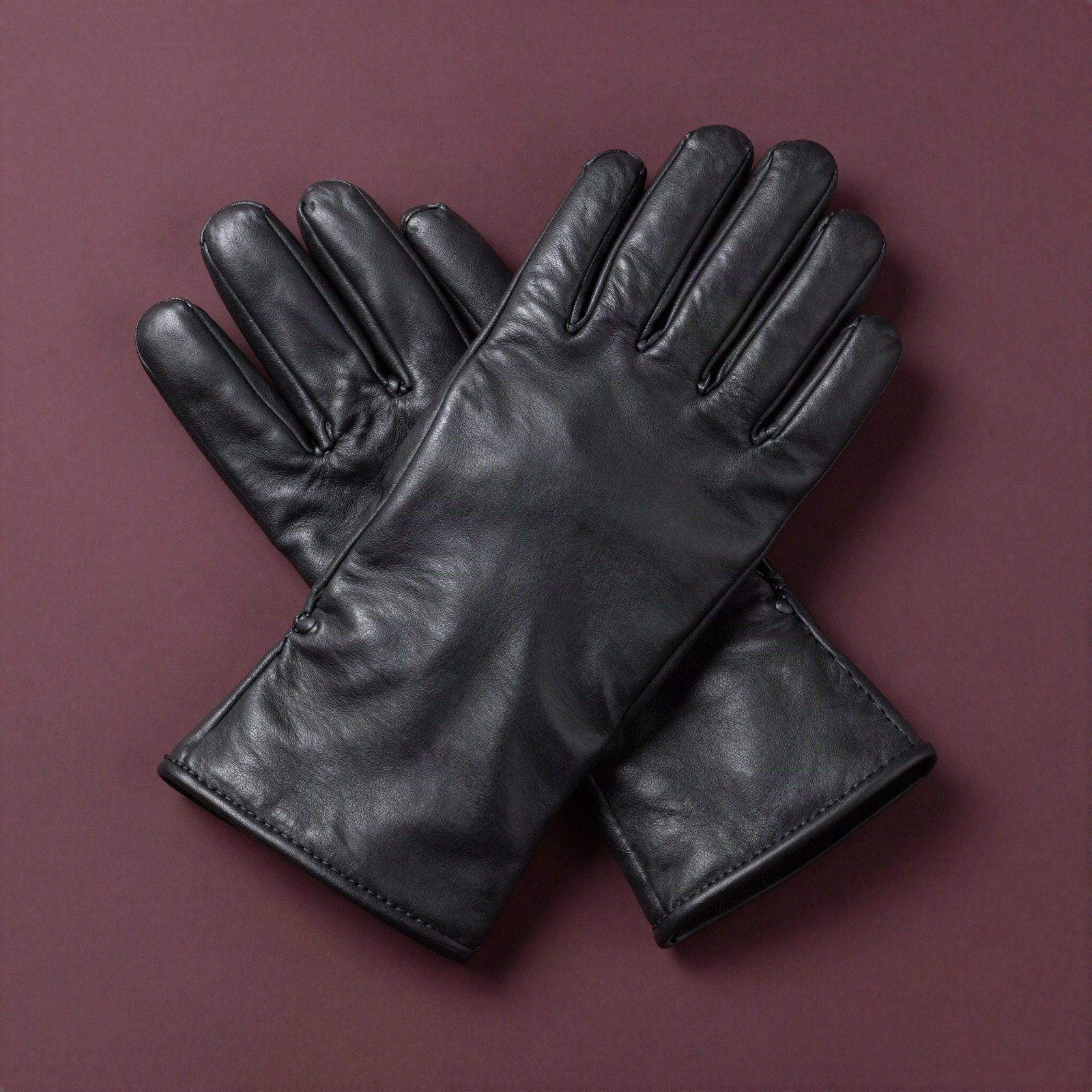 Black leather gloves on a plum background