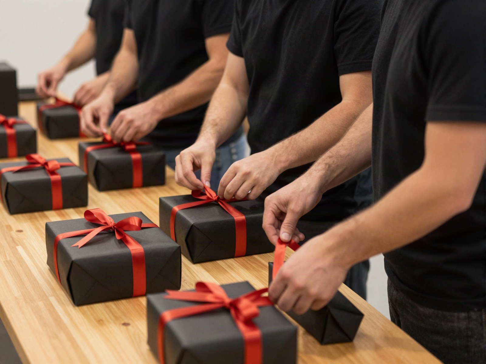 Team tying crimson ribbons on black gift boxes at a packing table