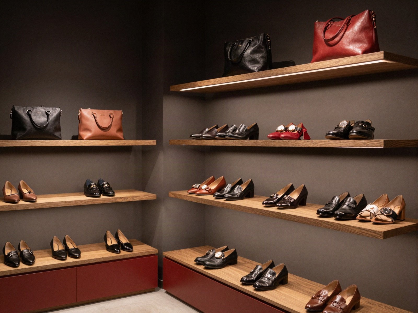 Dark boutique shelves with shoes and bags under warm spotlights