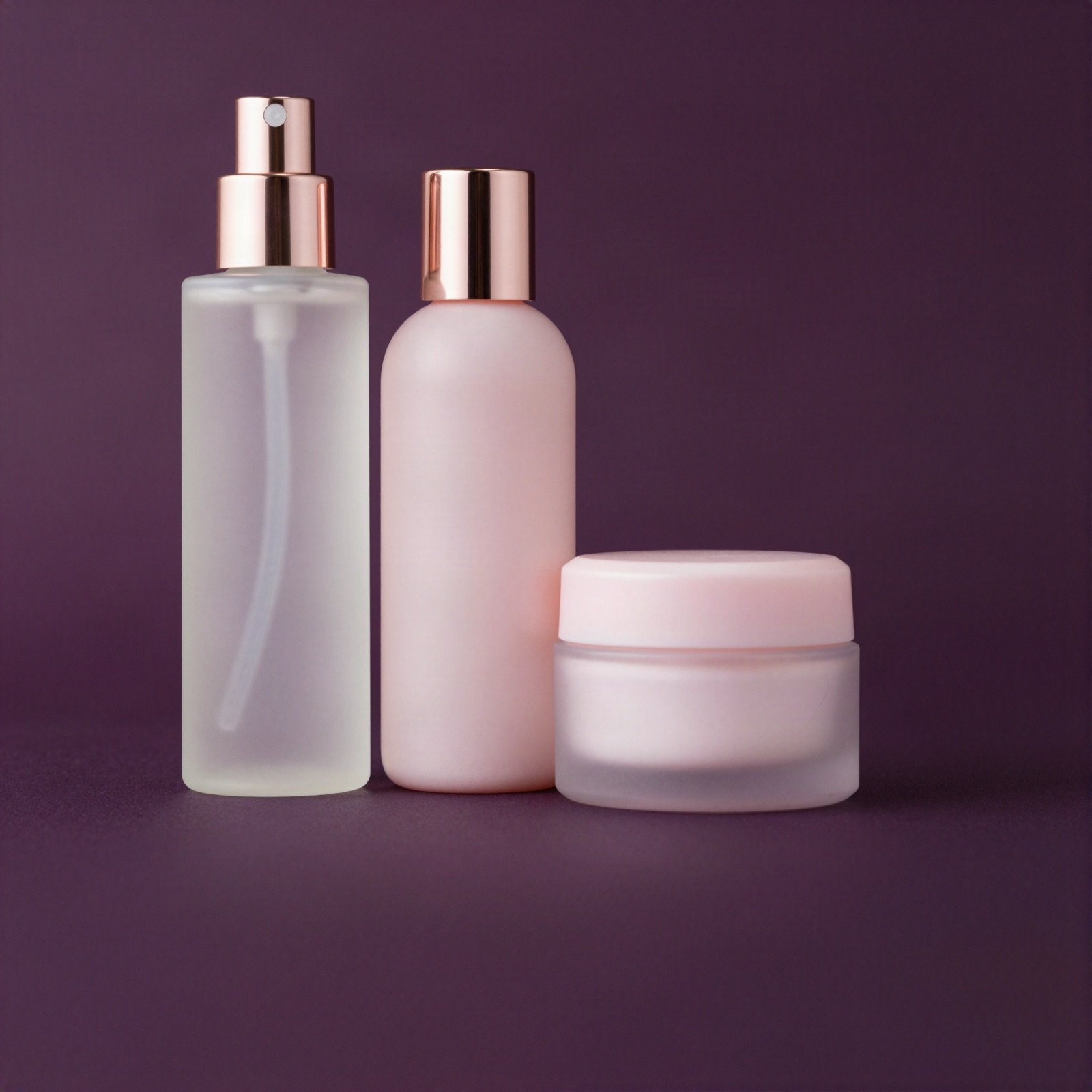 Blush pink skincare set: cleanser, toner and cream jar