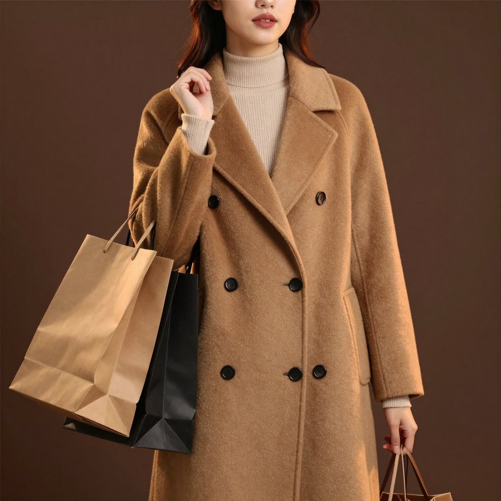 A young woman in a camel wool coat carrying shopping bags