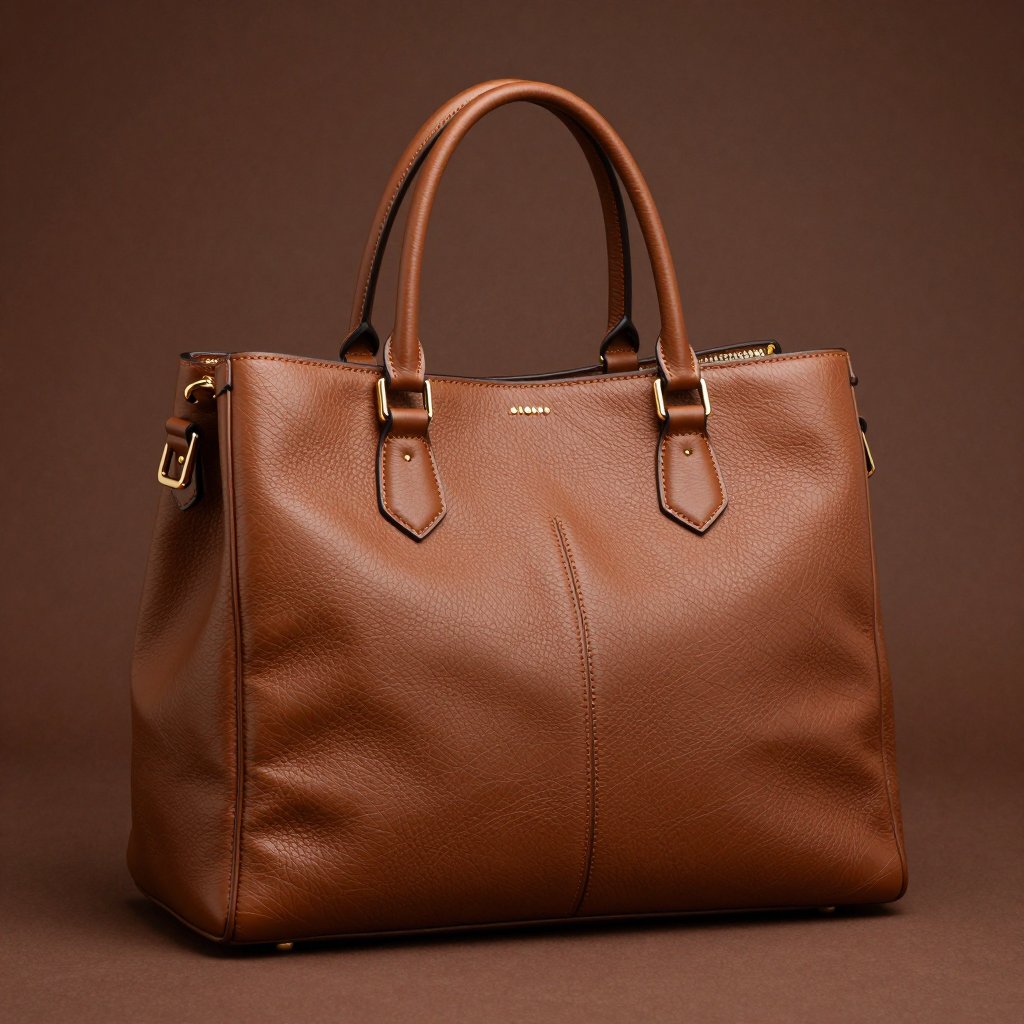 A brown leather handbag on a dark background
