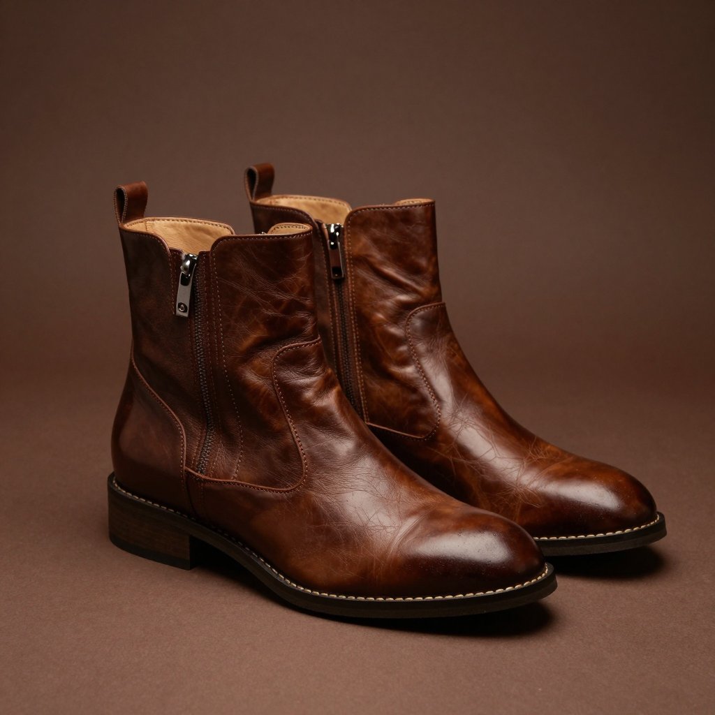 A pair of leather ankle boots on a dark background