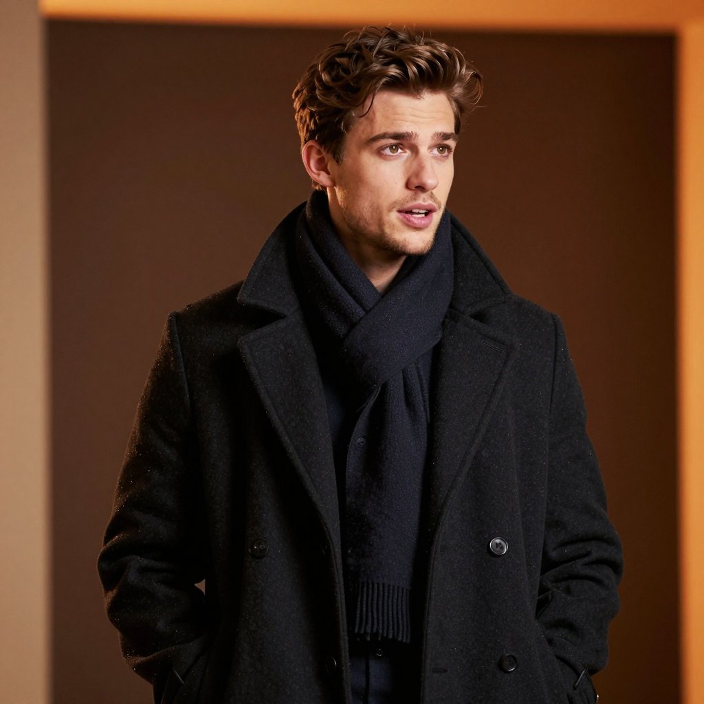 A young man in a dark wool overcoat and scarf