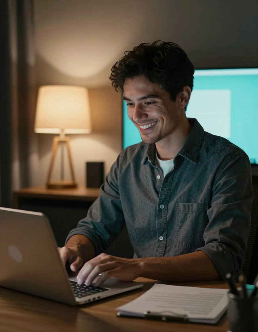 A blockchain writer working on his laptop in a dimly lit home office