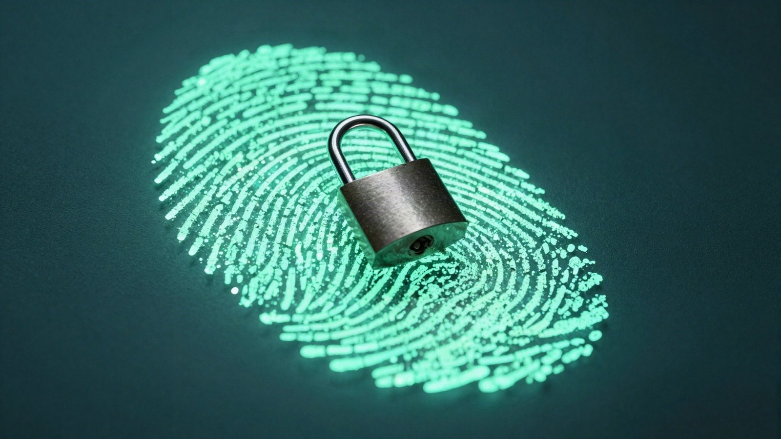 A glowing green fingerprint with a small padlock on top