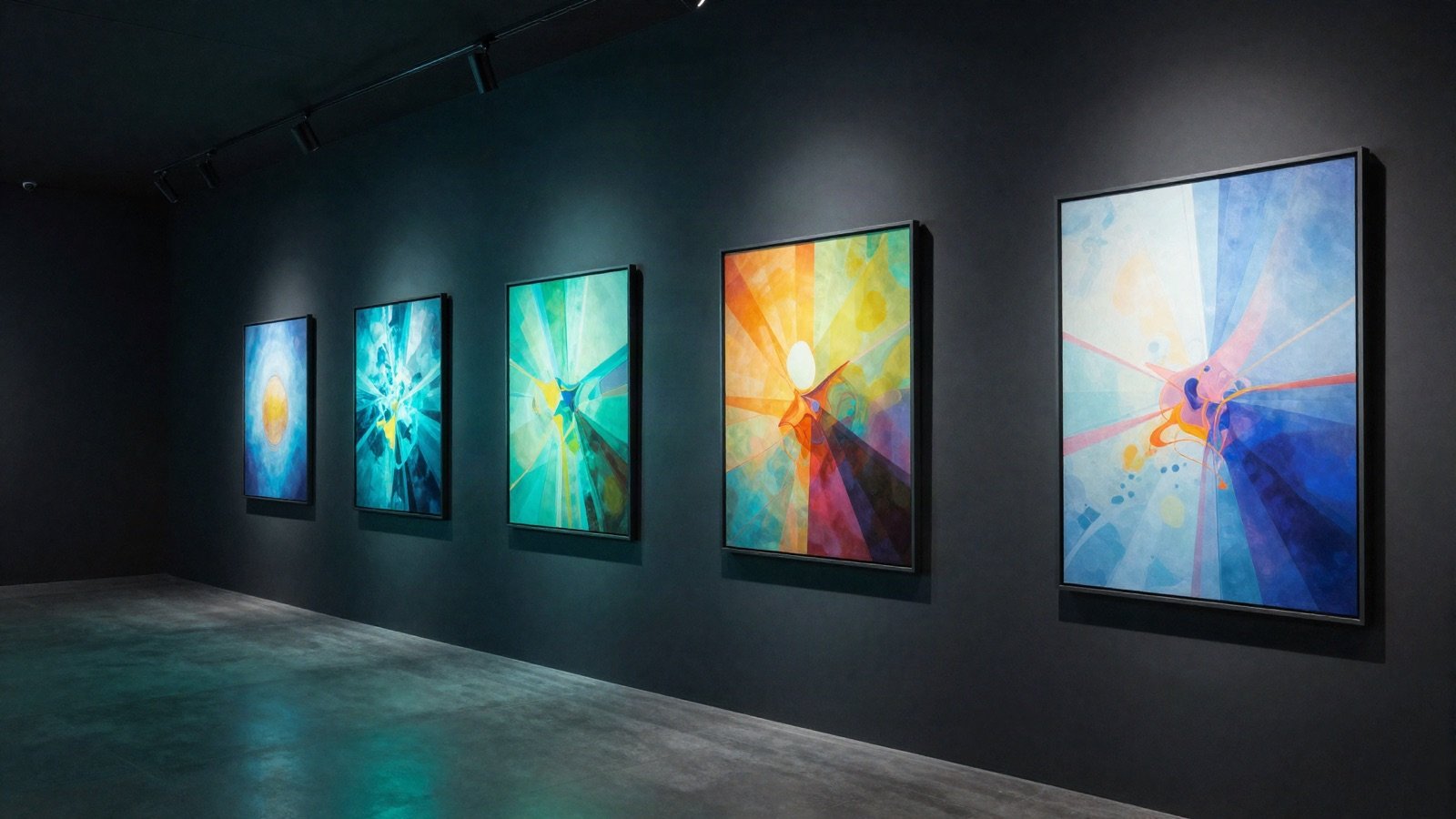 Colourful abstract artworks on the wall of a dark gallery