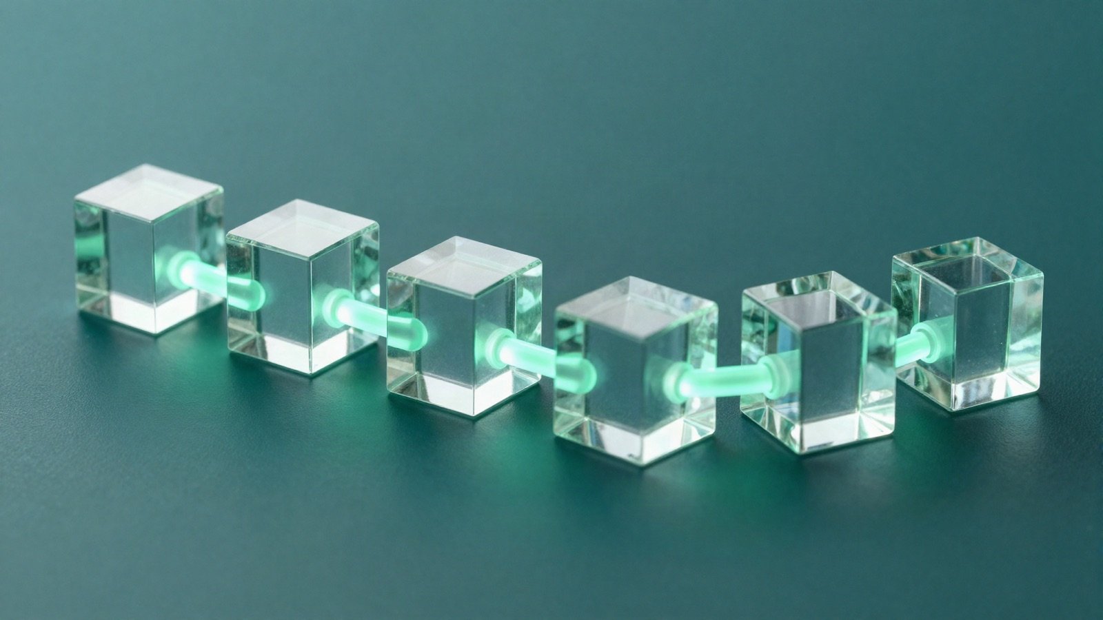 Glass cubes linked by a glowing green chain