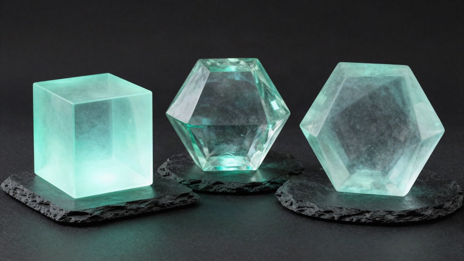 Three glowing crystal shapes on slate pedestals