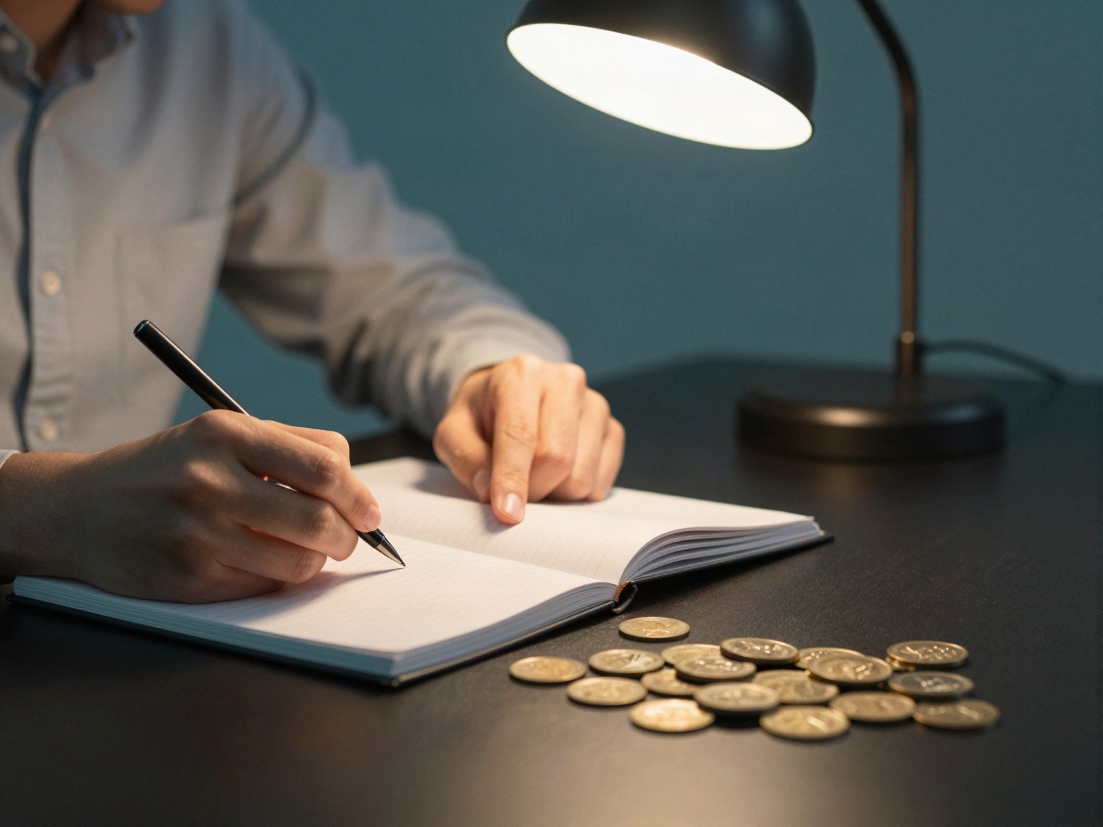 A learner taking notes beside a stack of gold coins under a desk lamp