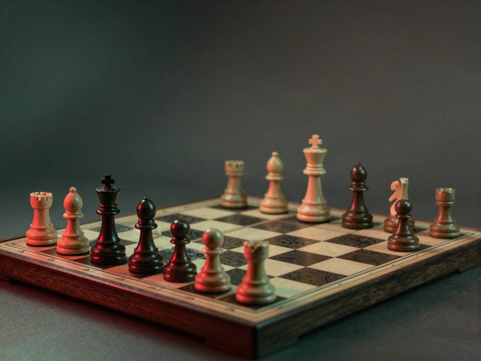 A chess board lit by red and green light