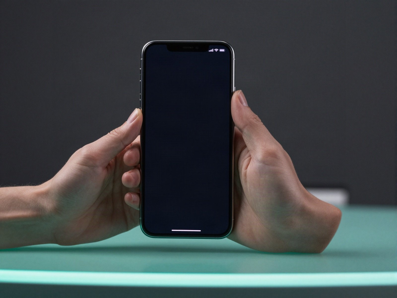 Hands holding a smartphone with a dark screen