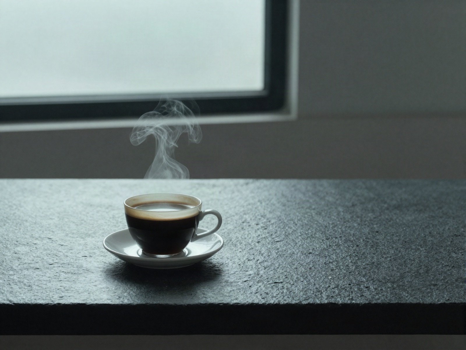 A cup of black coffee on a dark stone table by a window