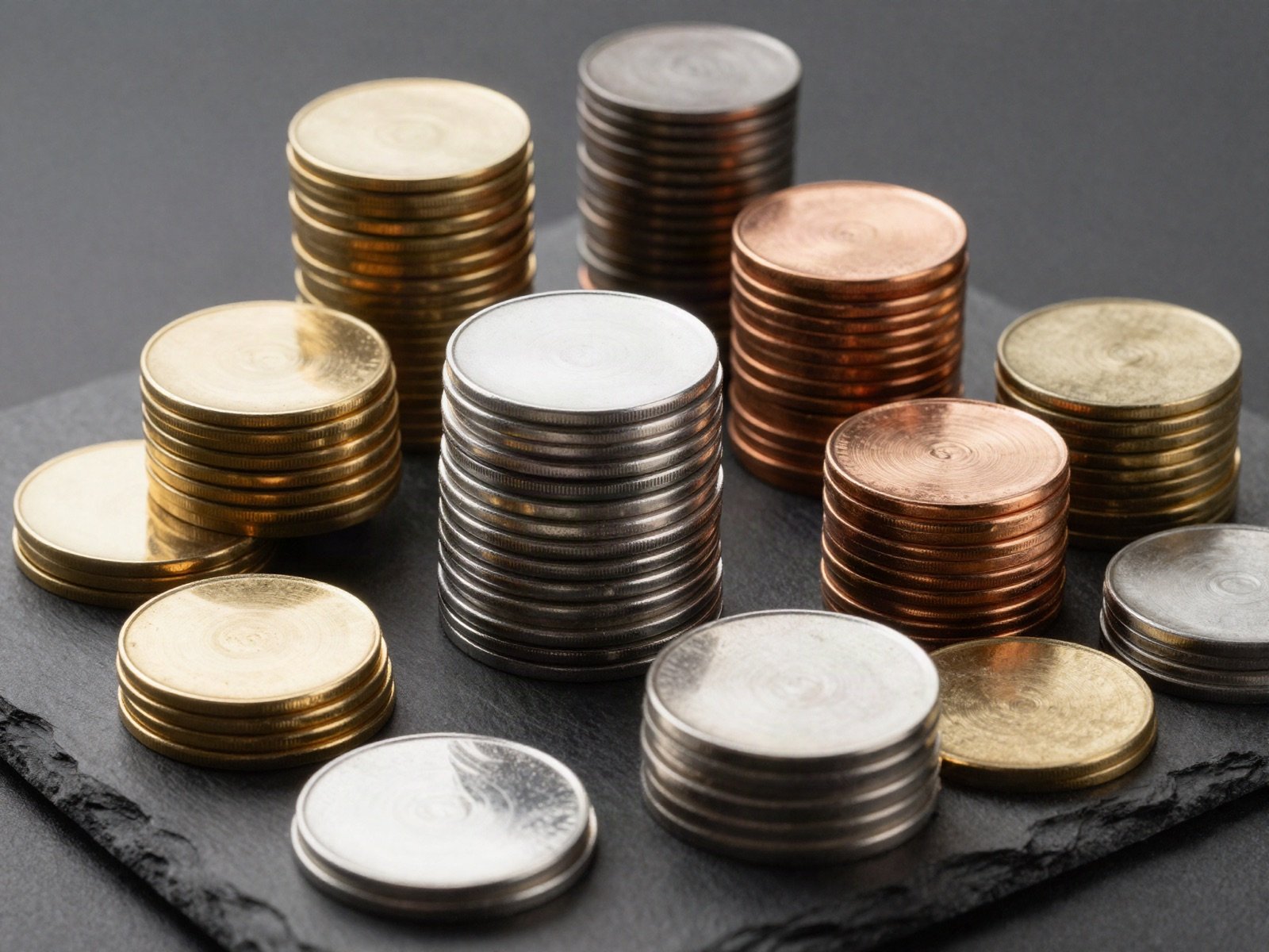 Stacks of gold, silver and copper coloured metal discs on slate