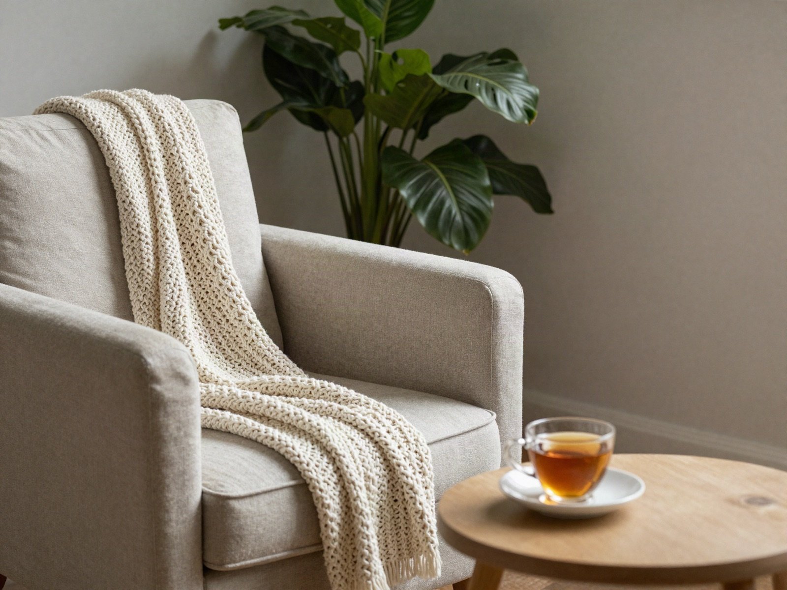 A cosy reading nook with a linen armchair, a knitted throw, green plants and a cup of tea