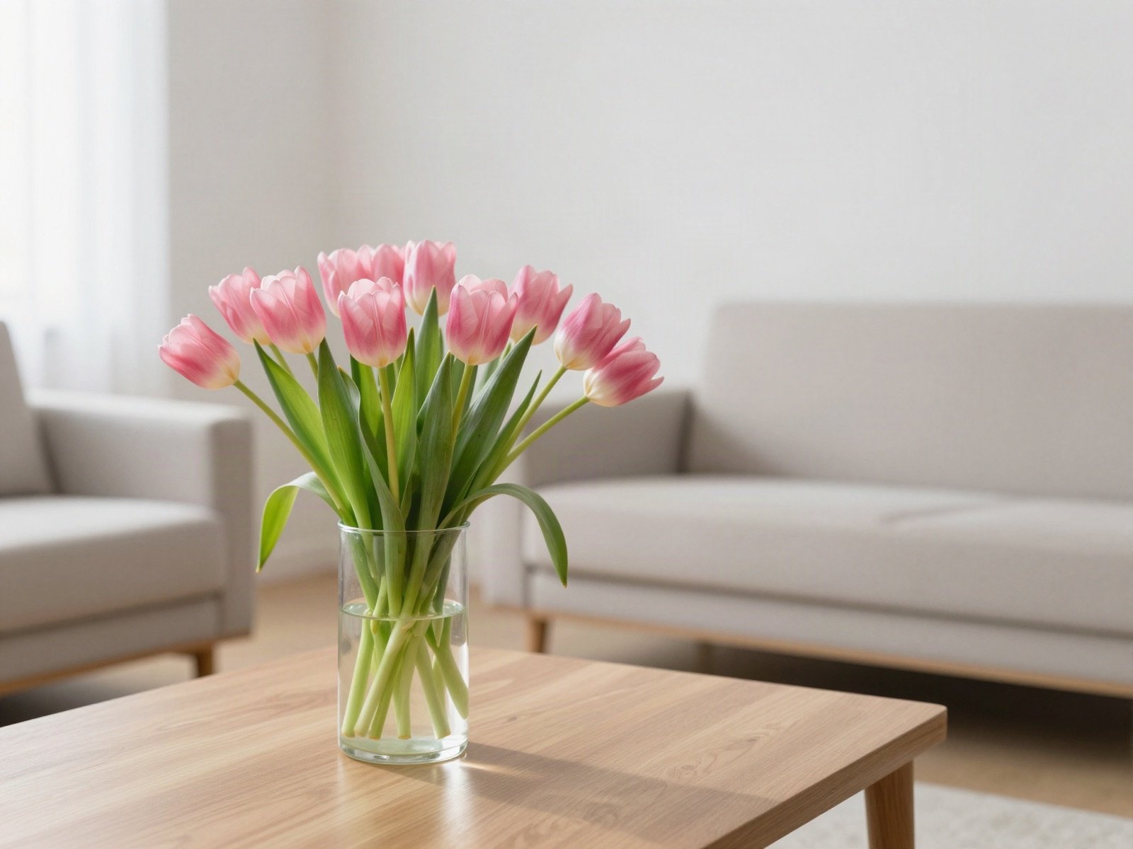 A bright minimalist living room with pink tulips in a vase on a wooden coffee table