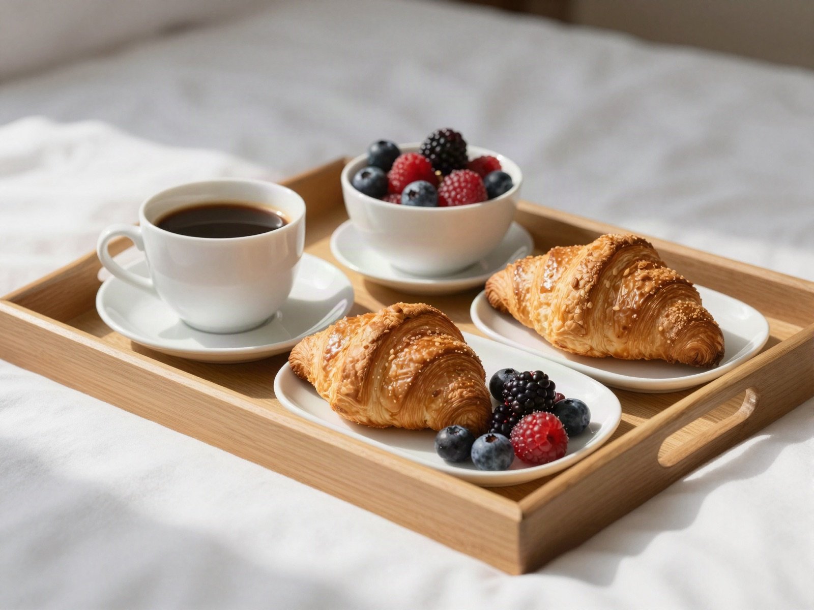 A breakfast tray with coffee, croissants and berries on a bed with white linen