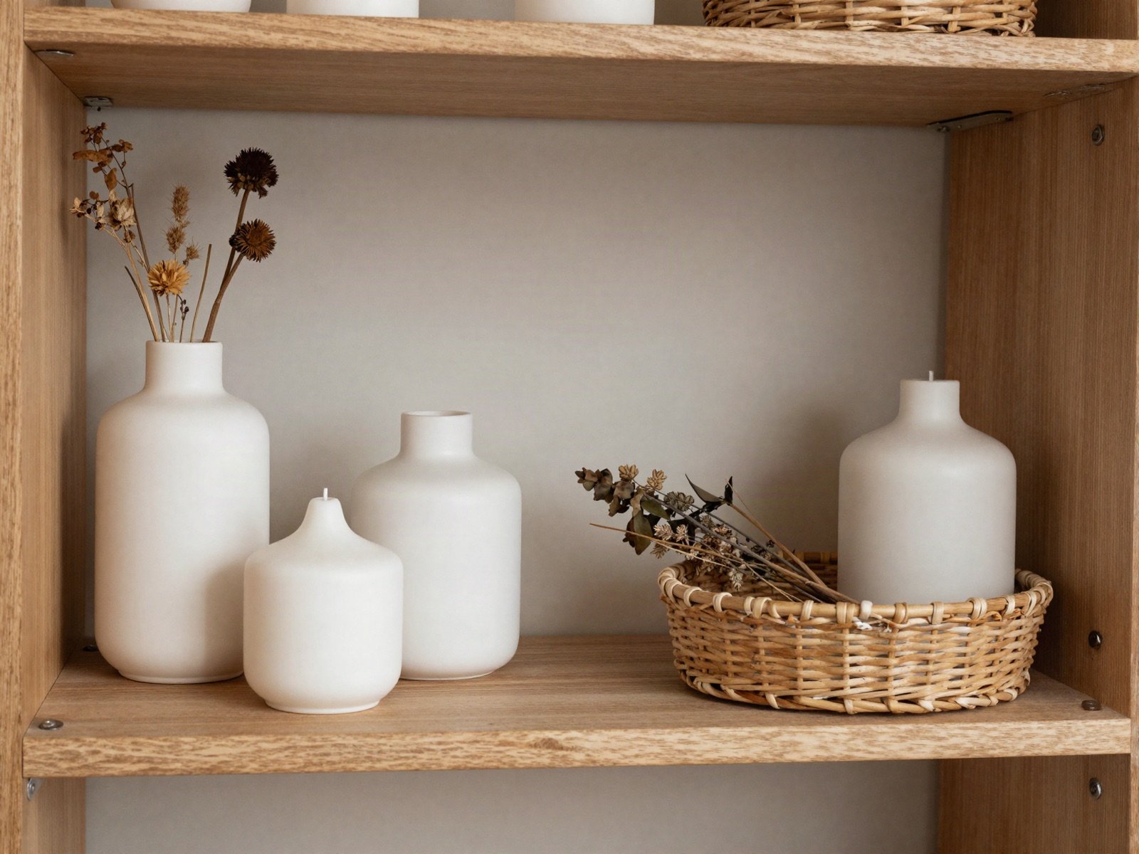 A styled wooden shelf with white ceramic vases, candles, dried flowers and a woven basket
