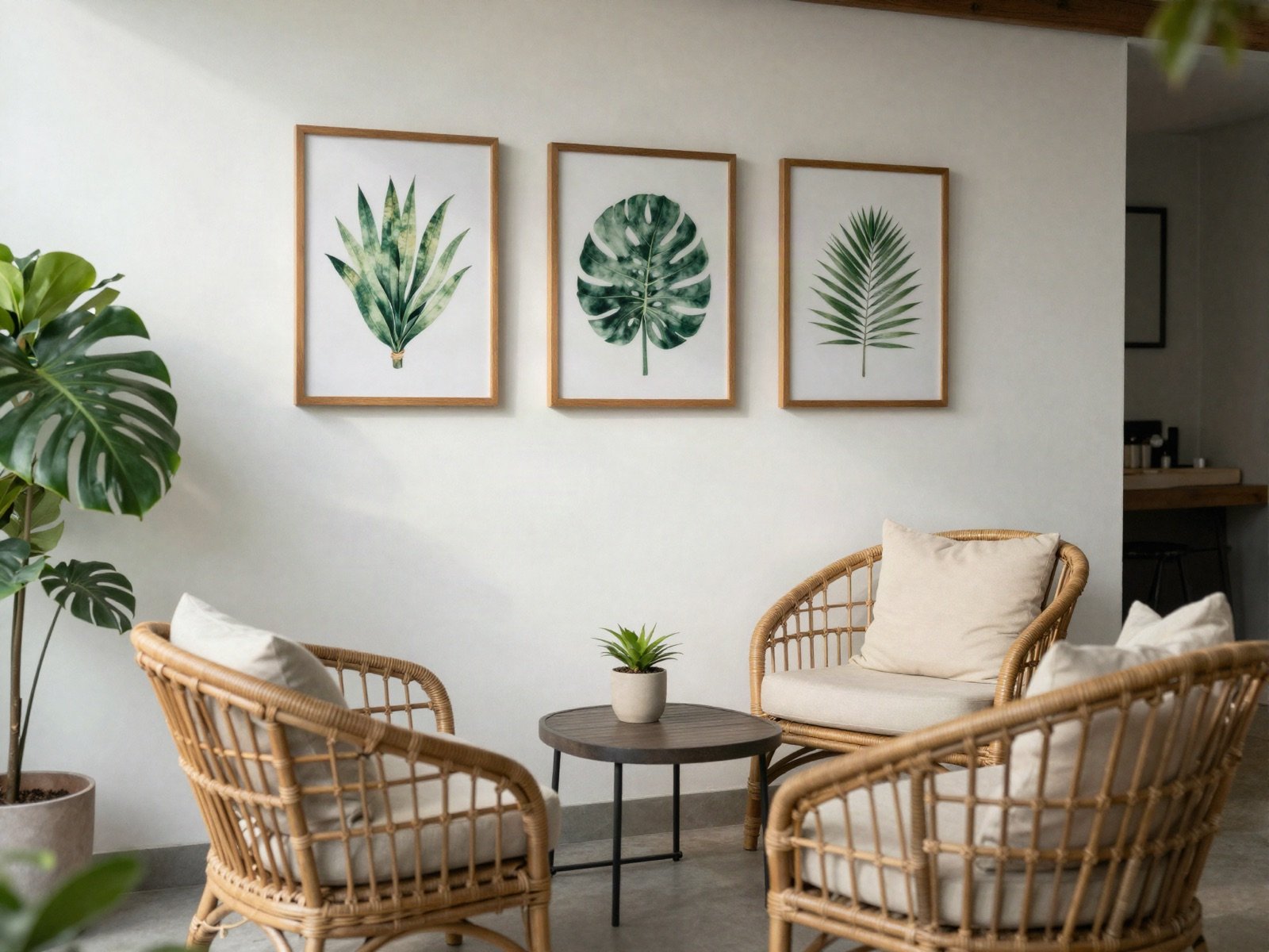 Outdoor sit-out with rattan chairs under framed botanical prints