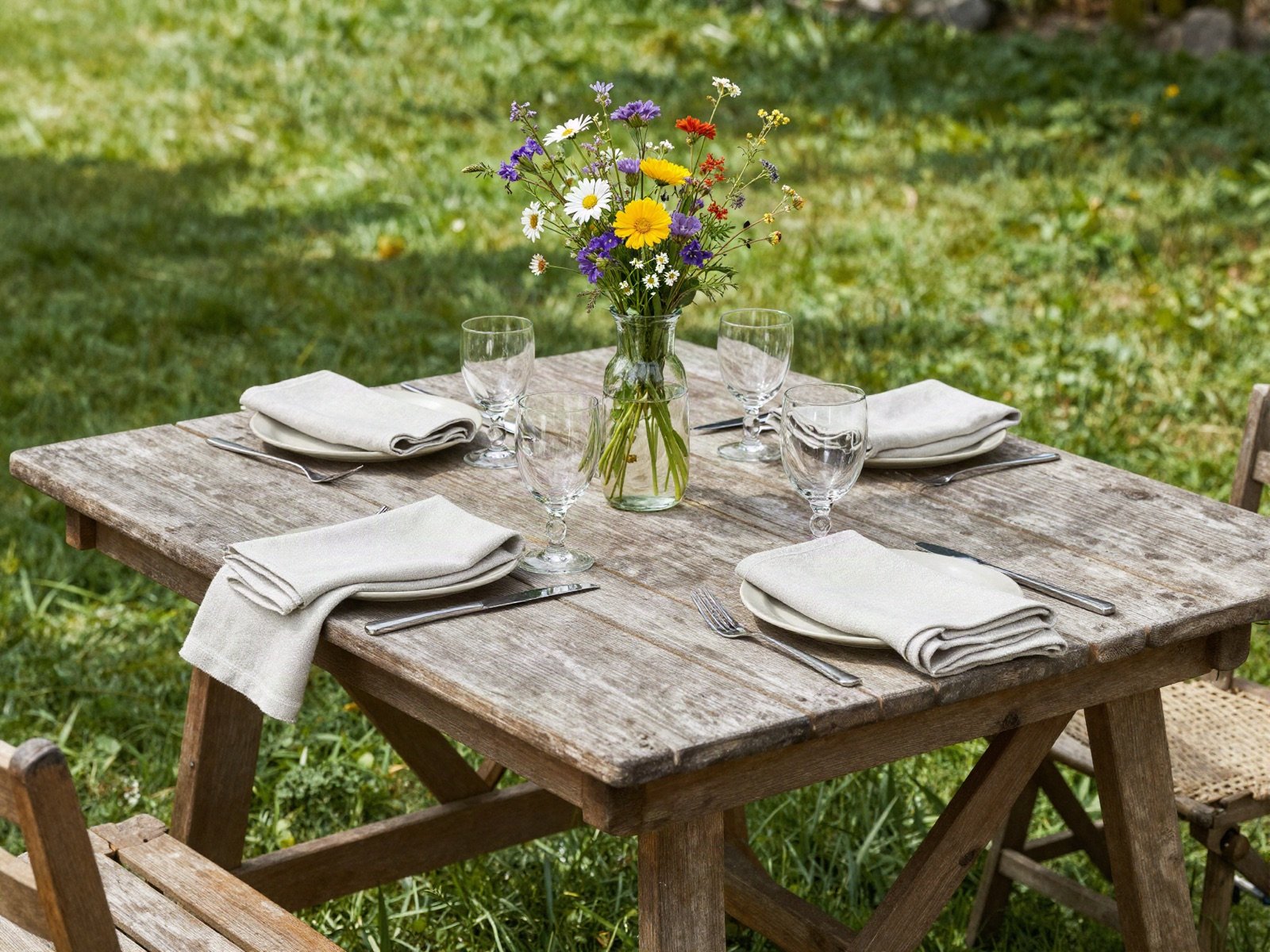 Garden table set for lunch with wildflowers on a lawn