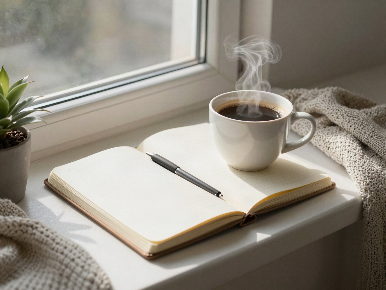 Steaming coffee and an open notebook on a sunny windowsill