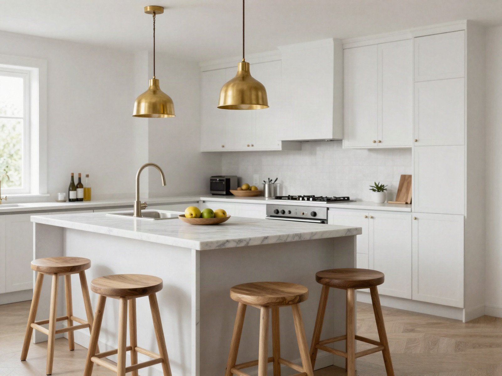 White kitchen with brass pendant lights over a marble island
