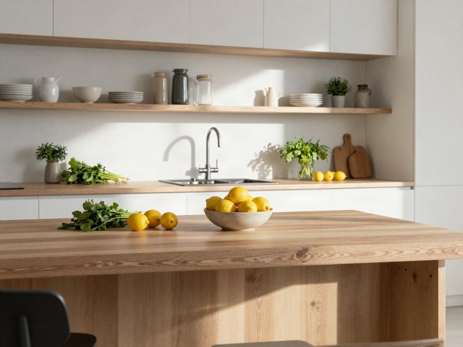 Kitchen with a wooden island, open shelves and a bowl of lemons