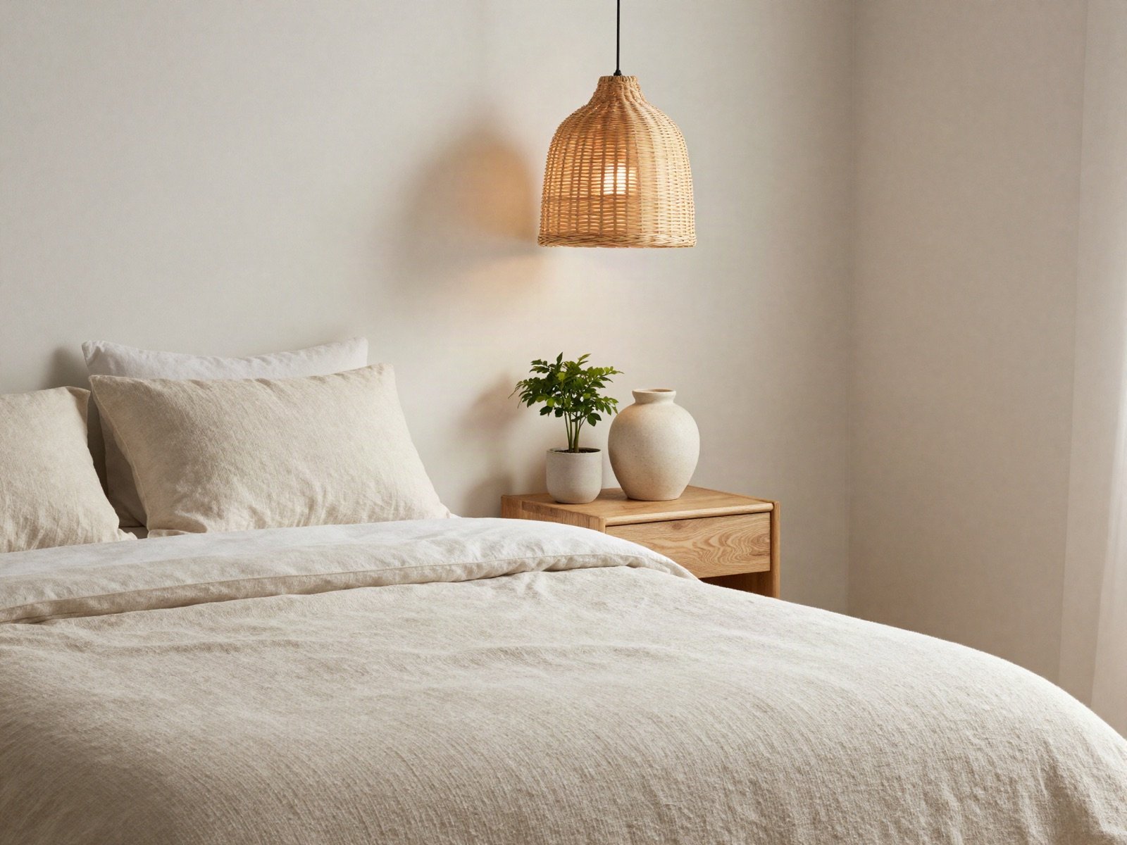 Calm bedroom with linen bedding and a woven pendant lamp