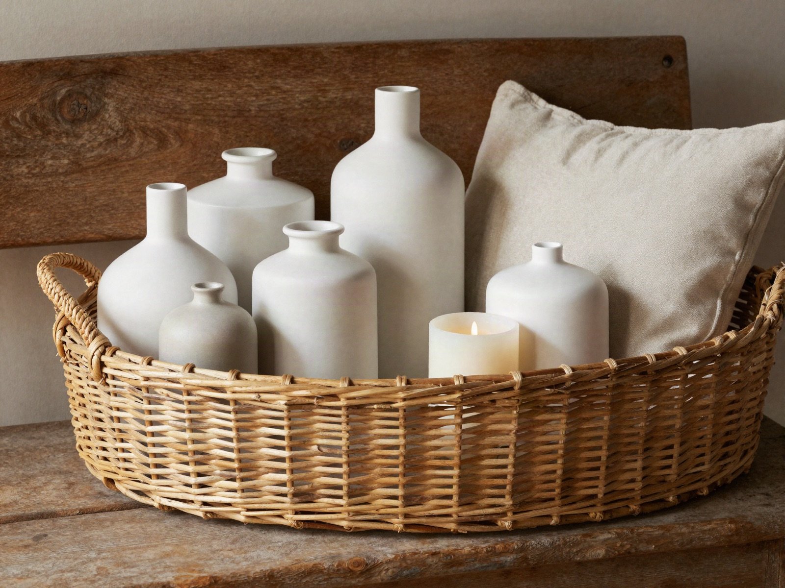 Woven basket of white ceramic vases, a cushion and a candle