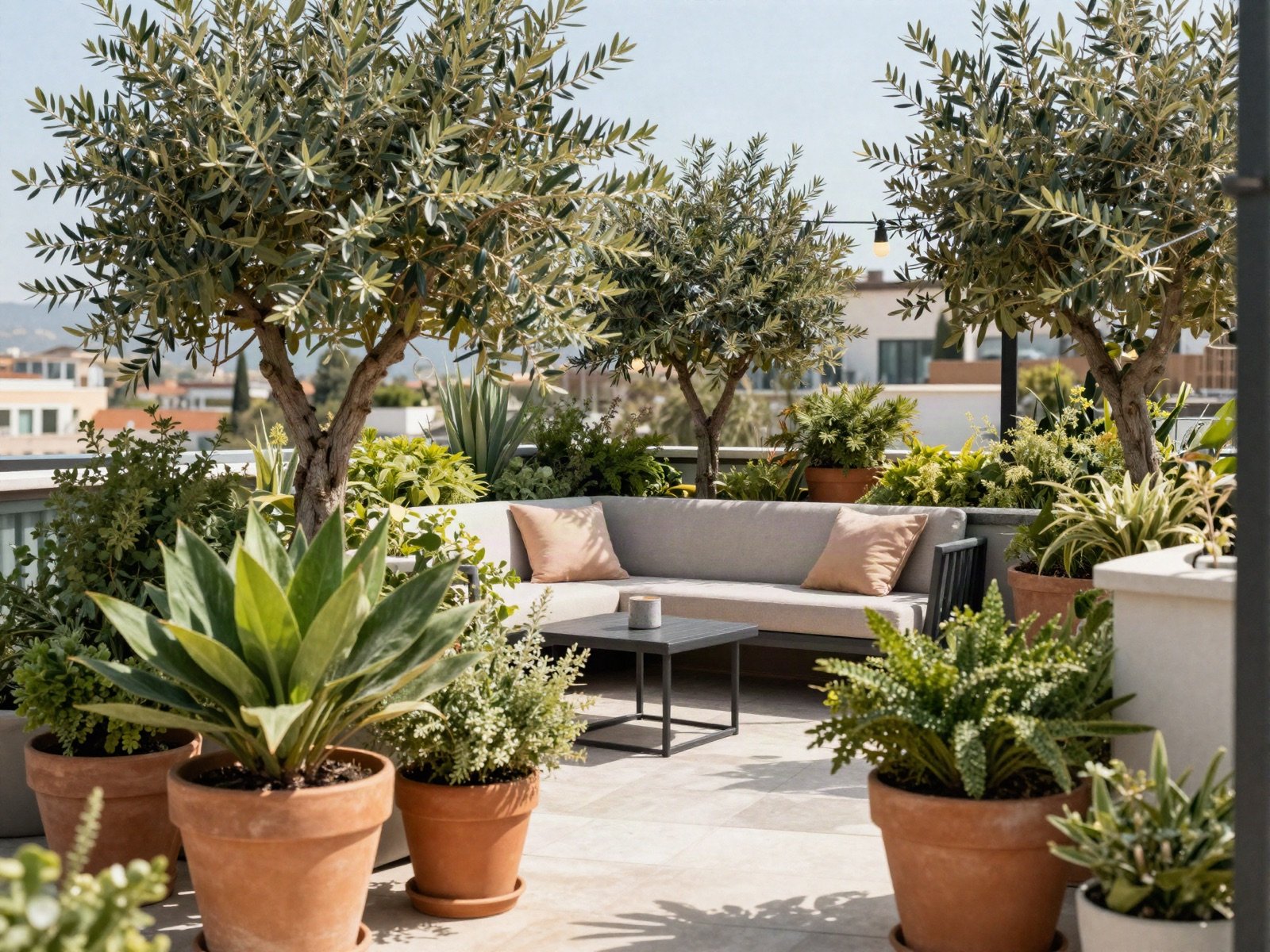 Rooftop terrace with olive trees in terracotta pots