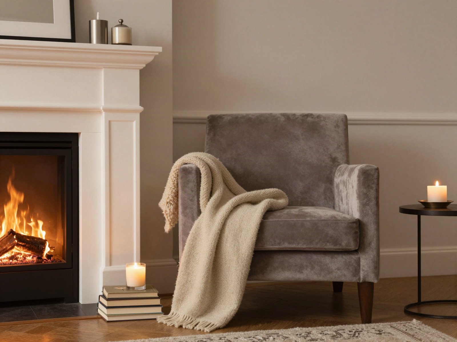 Velvet armchair with a wool throw beside a lit fireplace