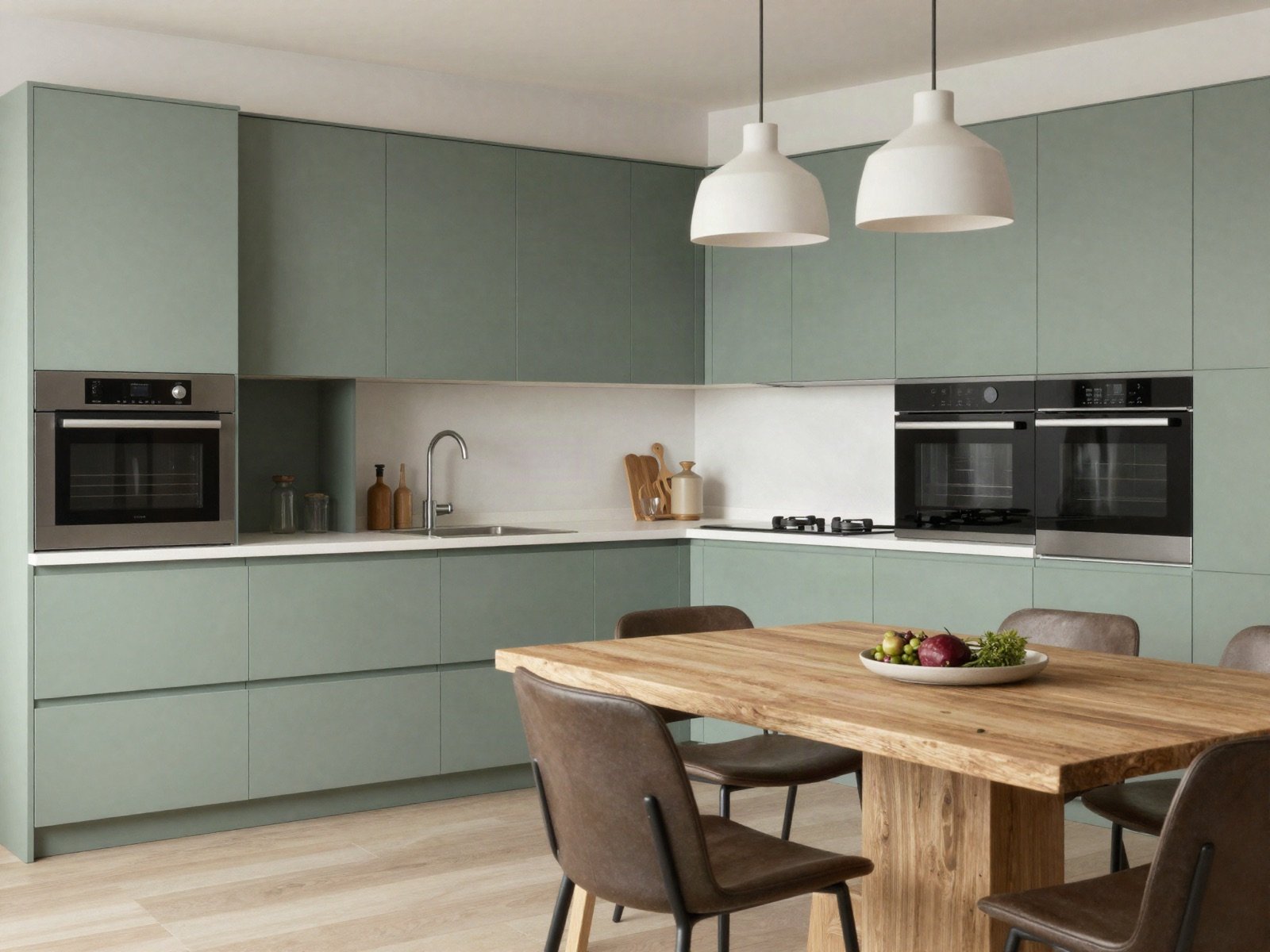 Sage green kitchen with a wooden dining table and pendant lights