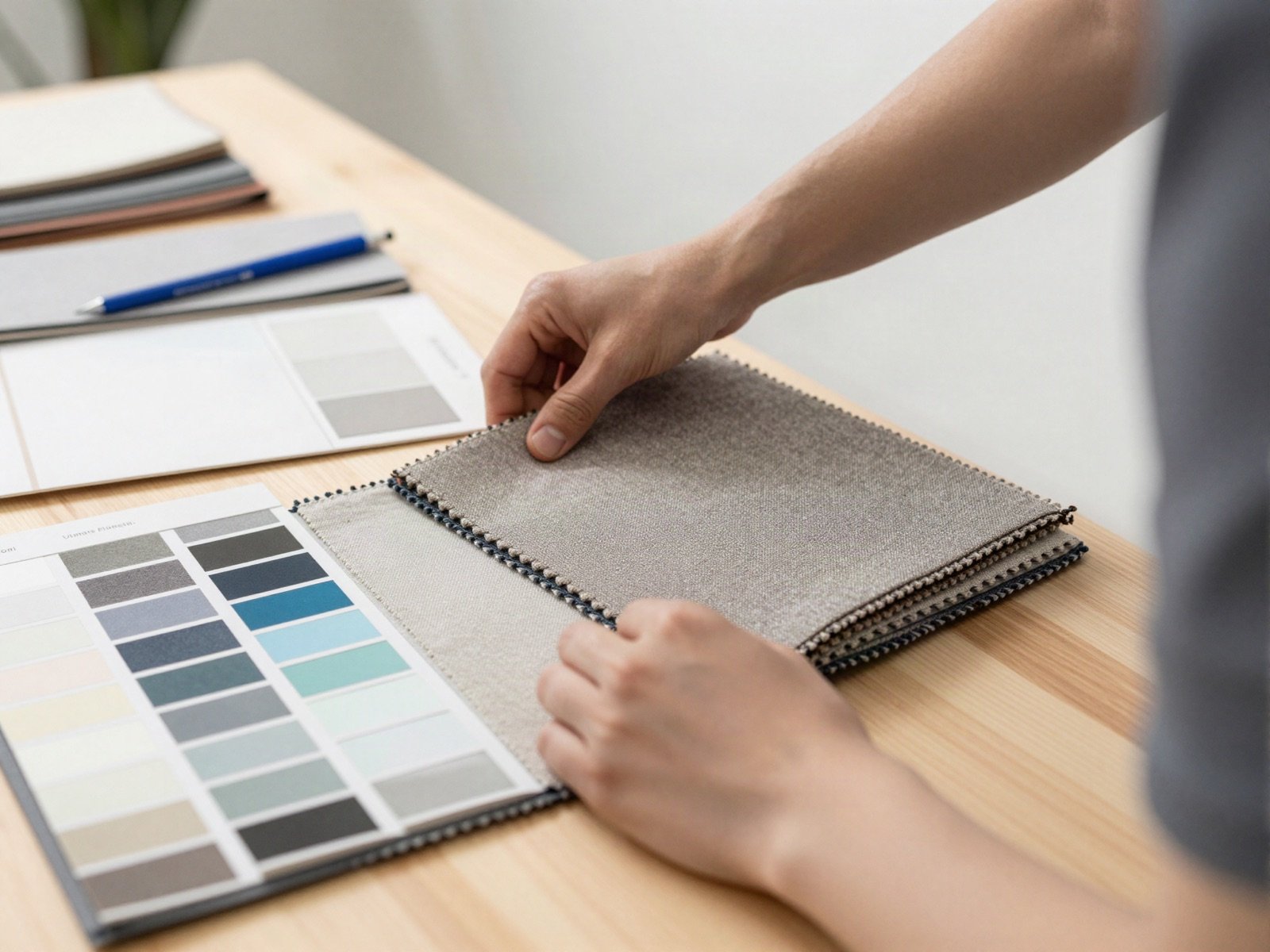 Hands sorting fabric swatches and paint colour cards on a desk