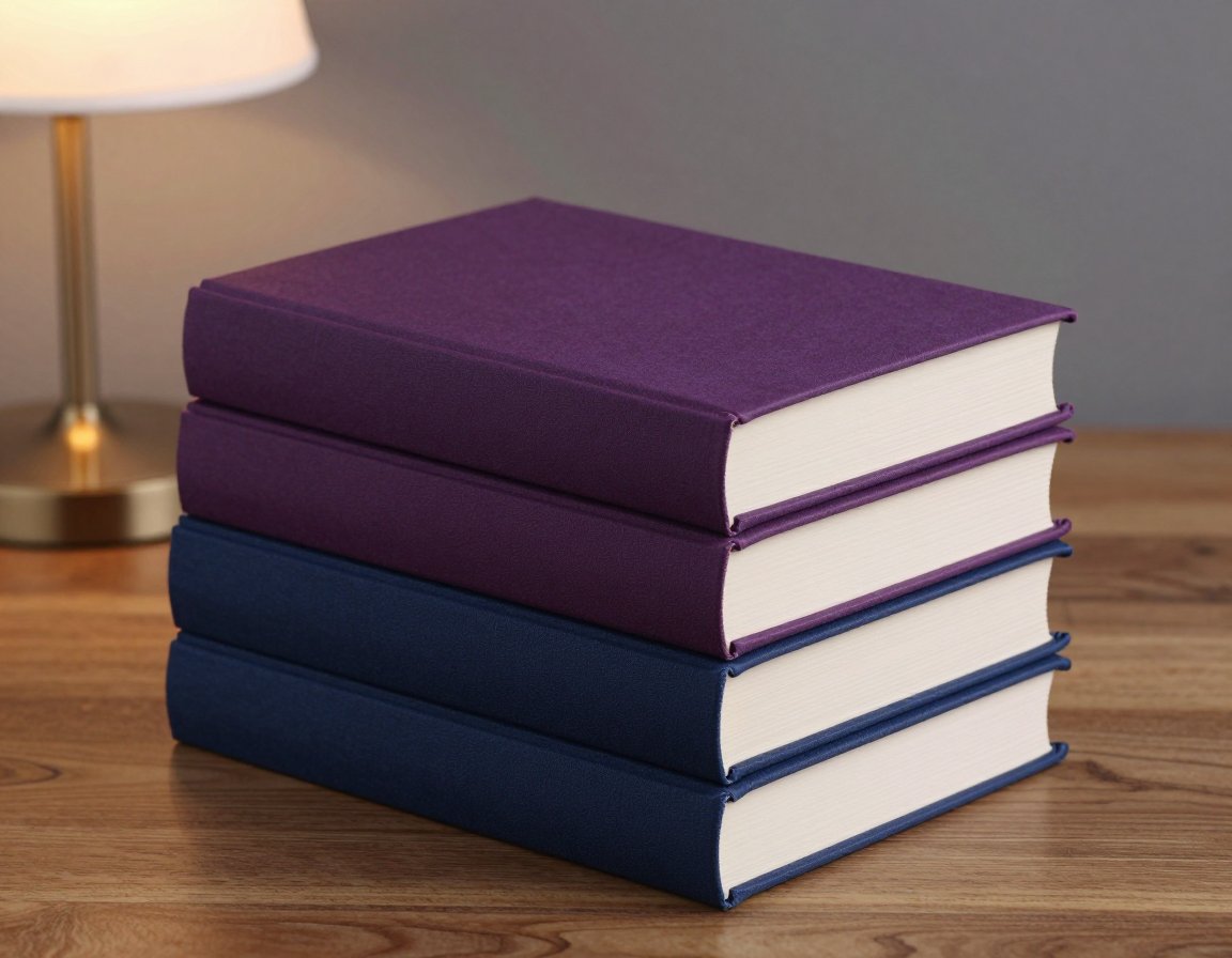 A stack of cloth-bound hardcover books beside a reading lamp
