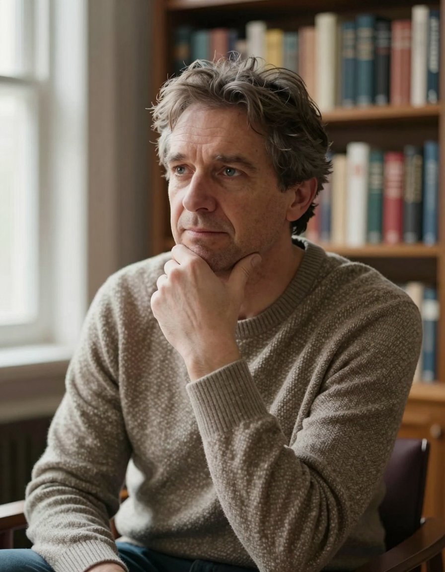 The novelist in a knit sweater in his home library