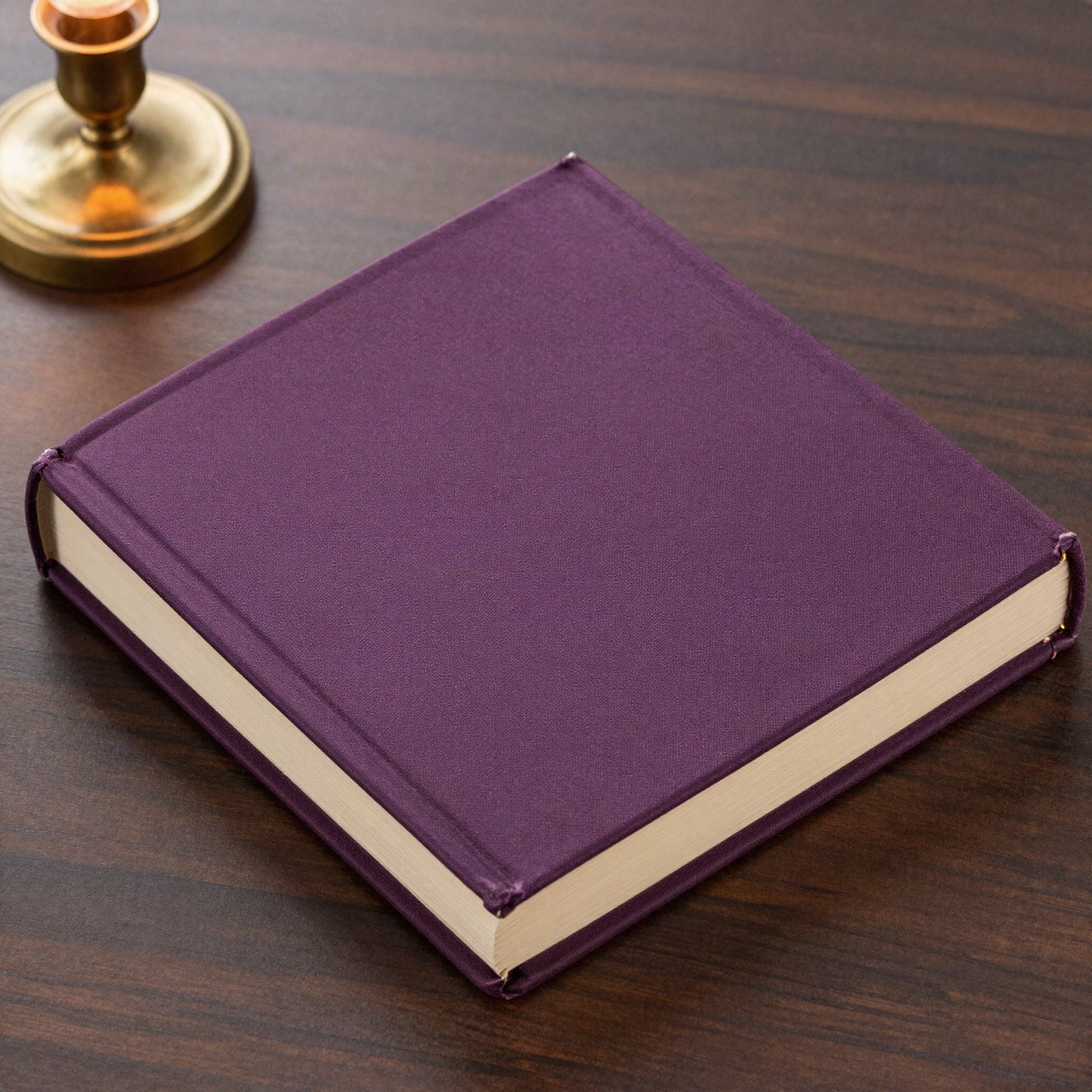 A plain deep violet hardcover book on a dark wooden table beside a brass candle holder