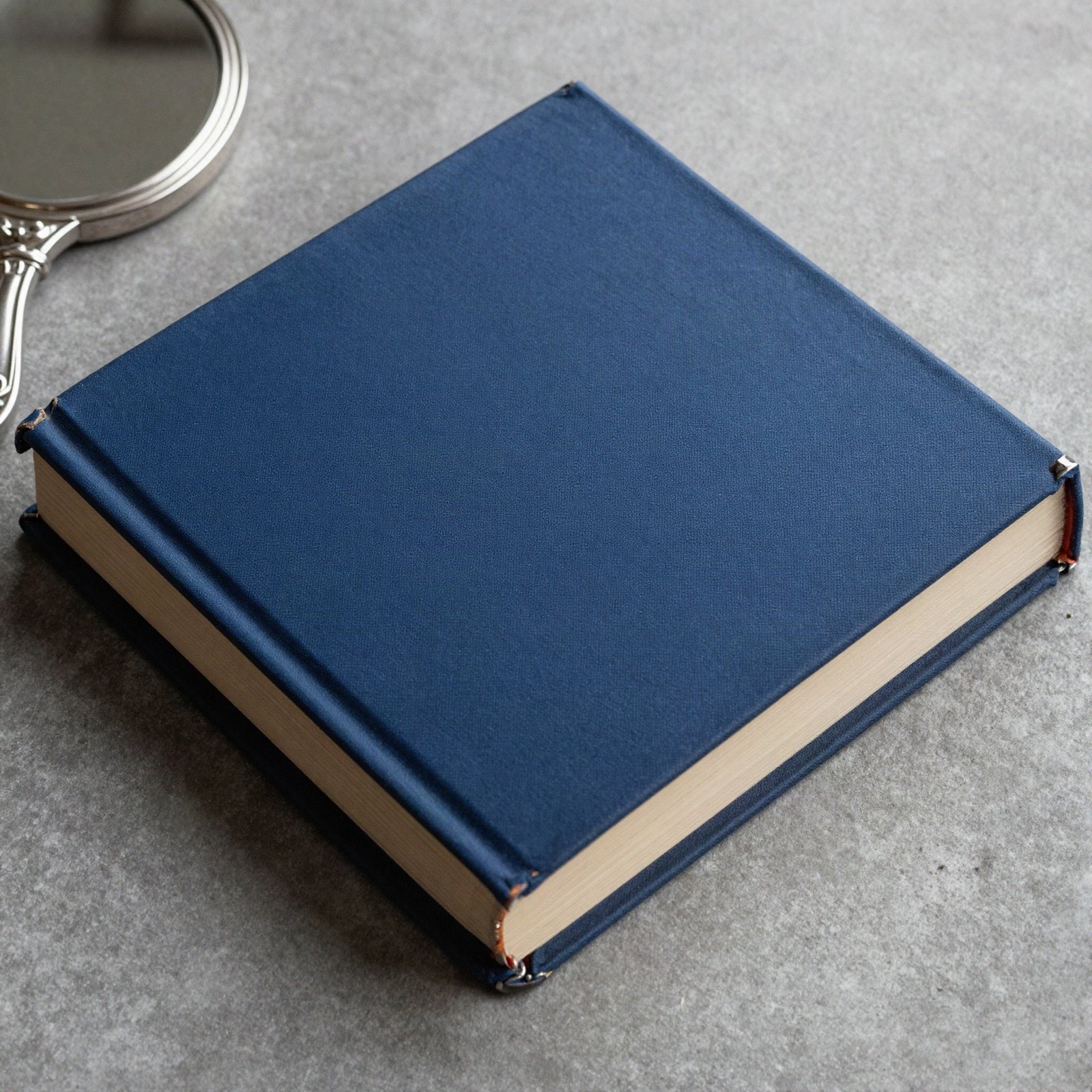 A plain midnight blue hardcover book on a stone surface beside a silver hand mirror