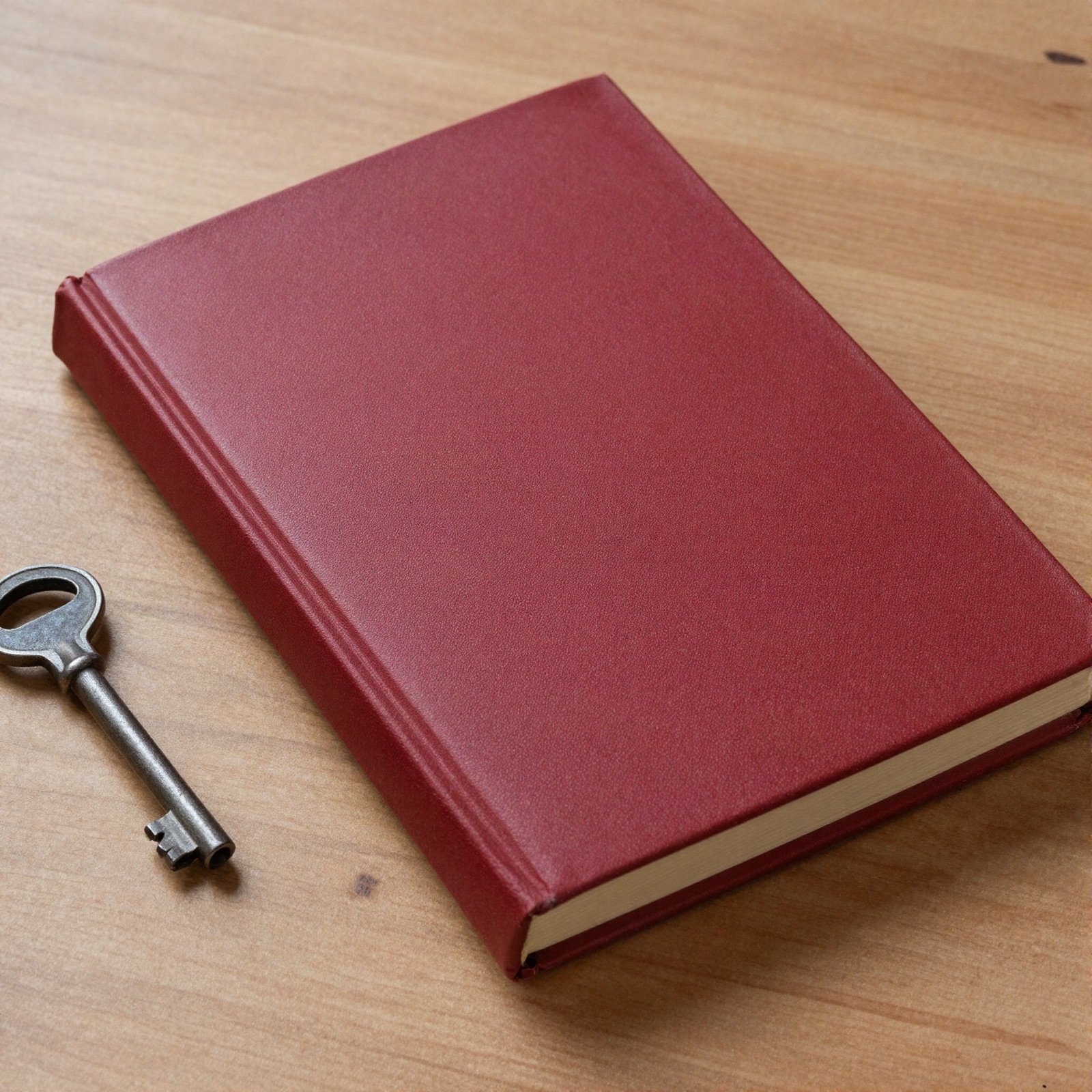 A plain dark red hardcover book on a wooden workbench beside an old iron key