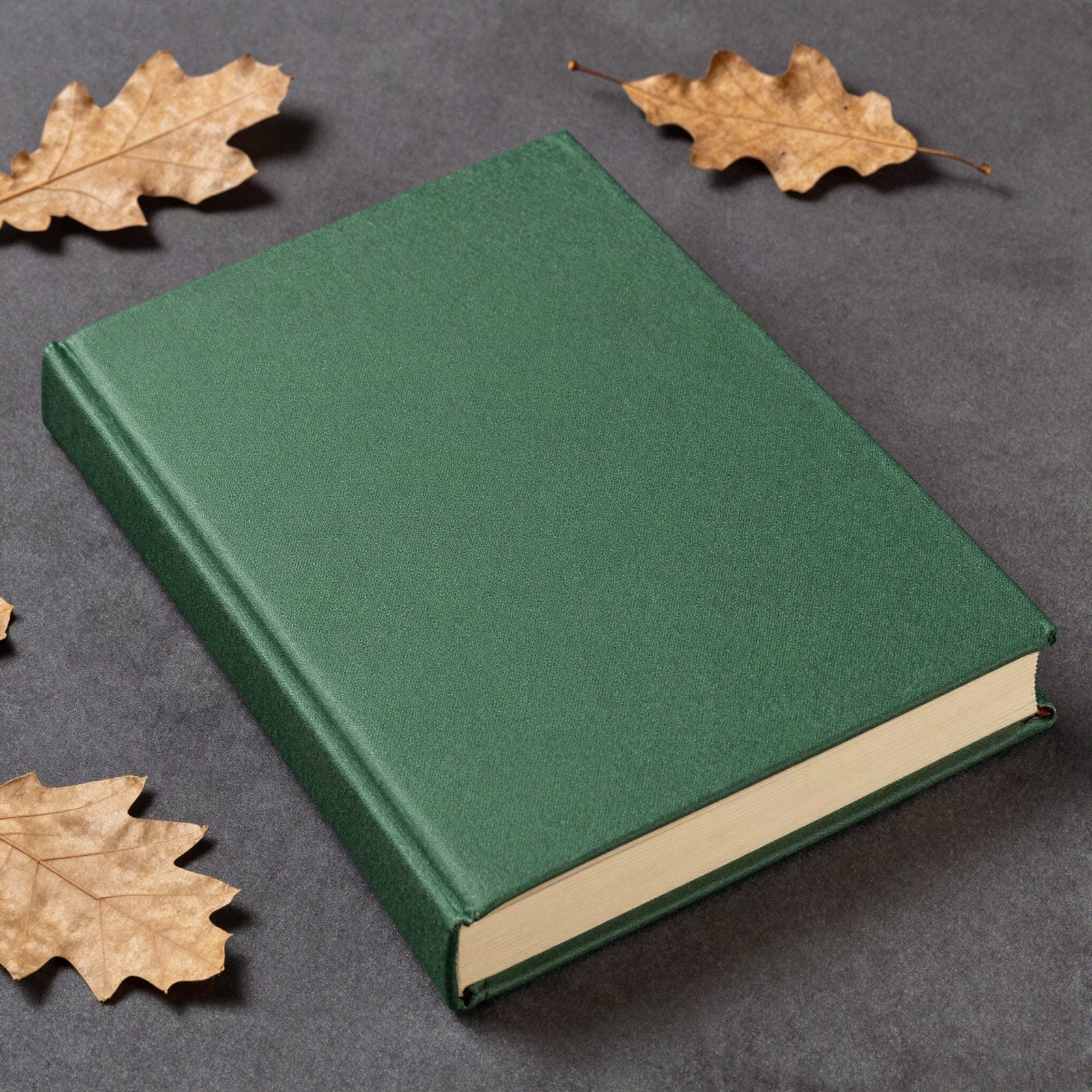 A plain forest green hardcover book beside dried oak leaves