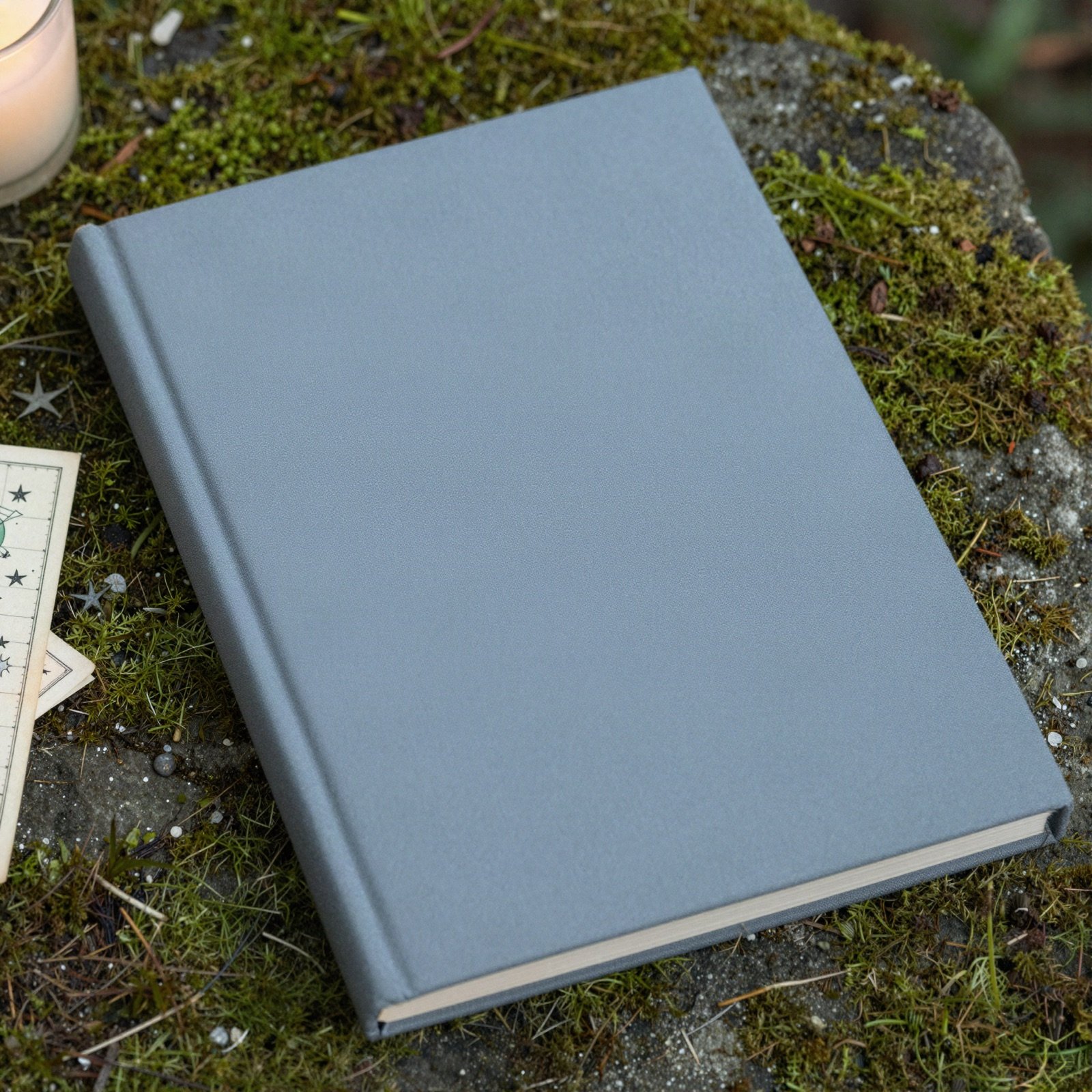A plain grey-blue hardcover book on a mossy stone beside a star chart and a candle